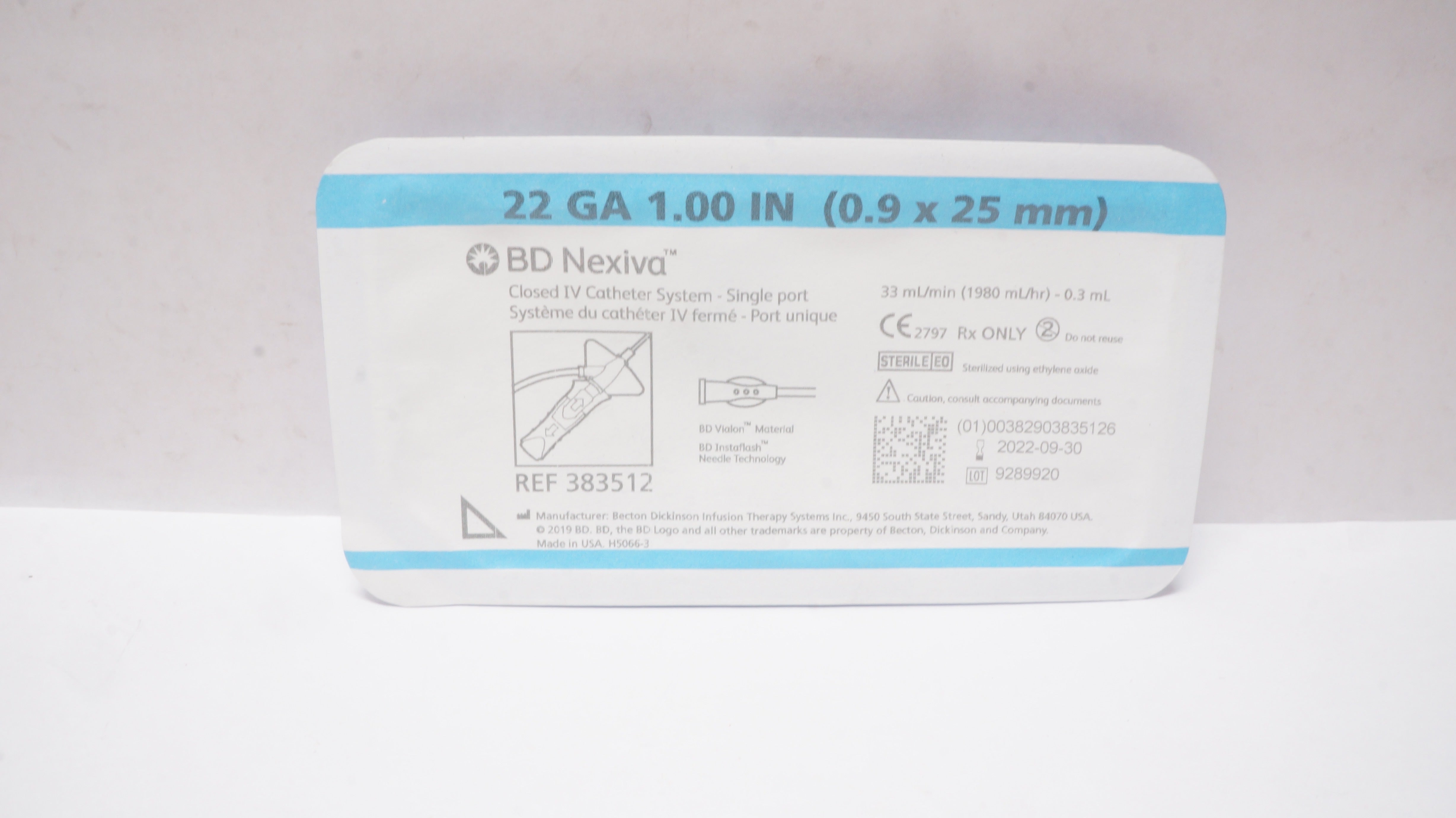 BD 383512 Nexiva Clodsed IV Cath. System, Single Port,  22GA x 1.00inch (x)