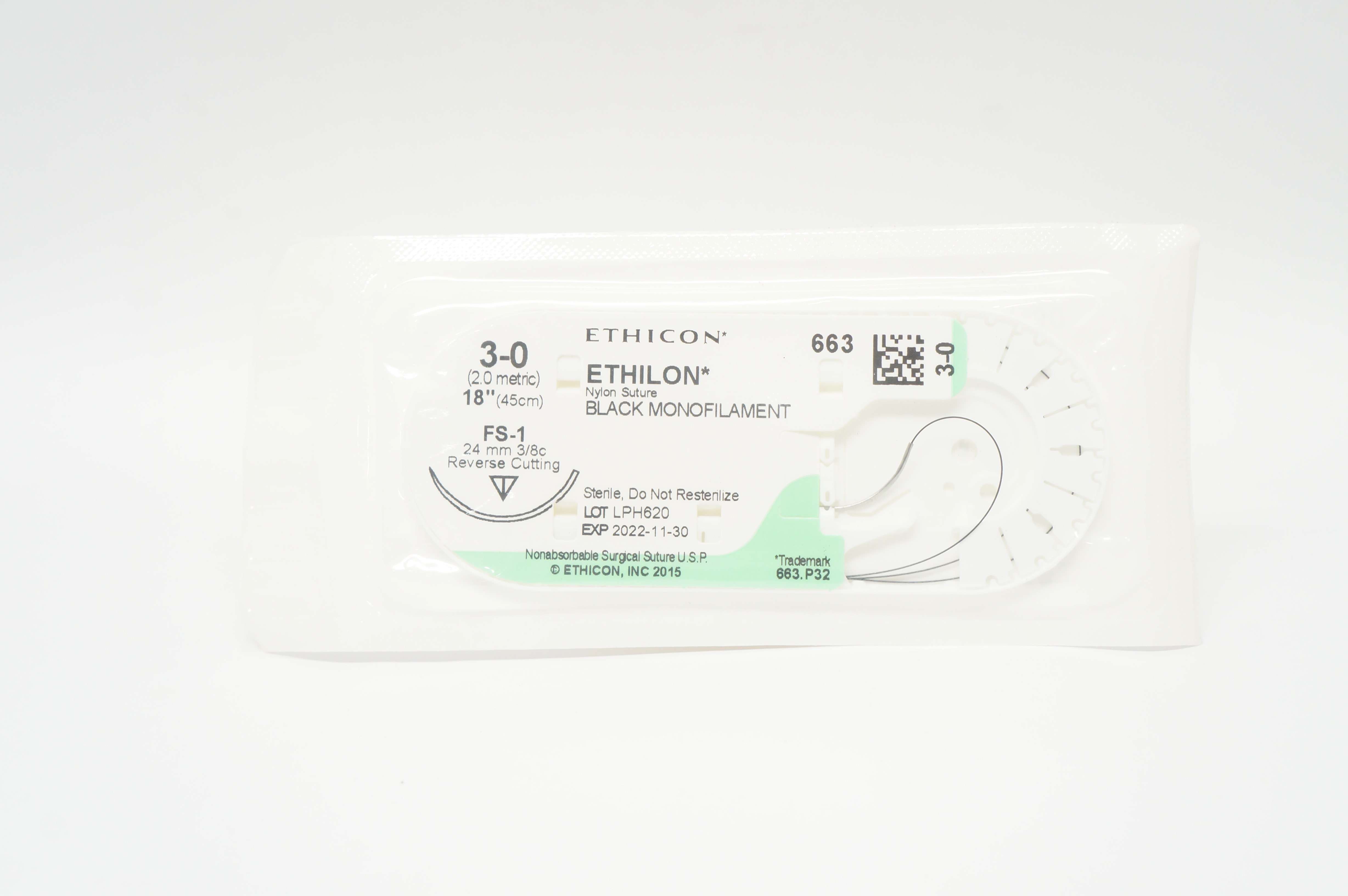 Ethicon 663 3-0 Ethilon Nylon Stre FS-1 24mm 3/8c Reverse Cutting, 18 inch