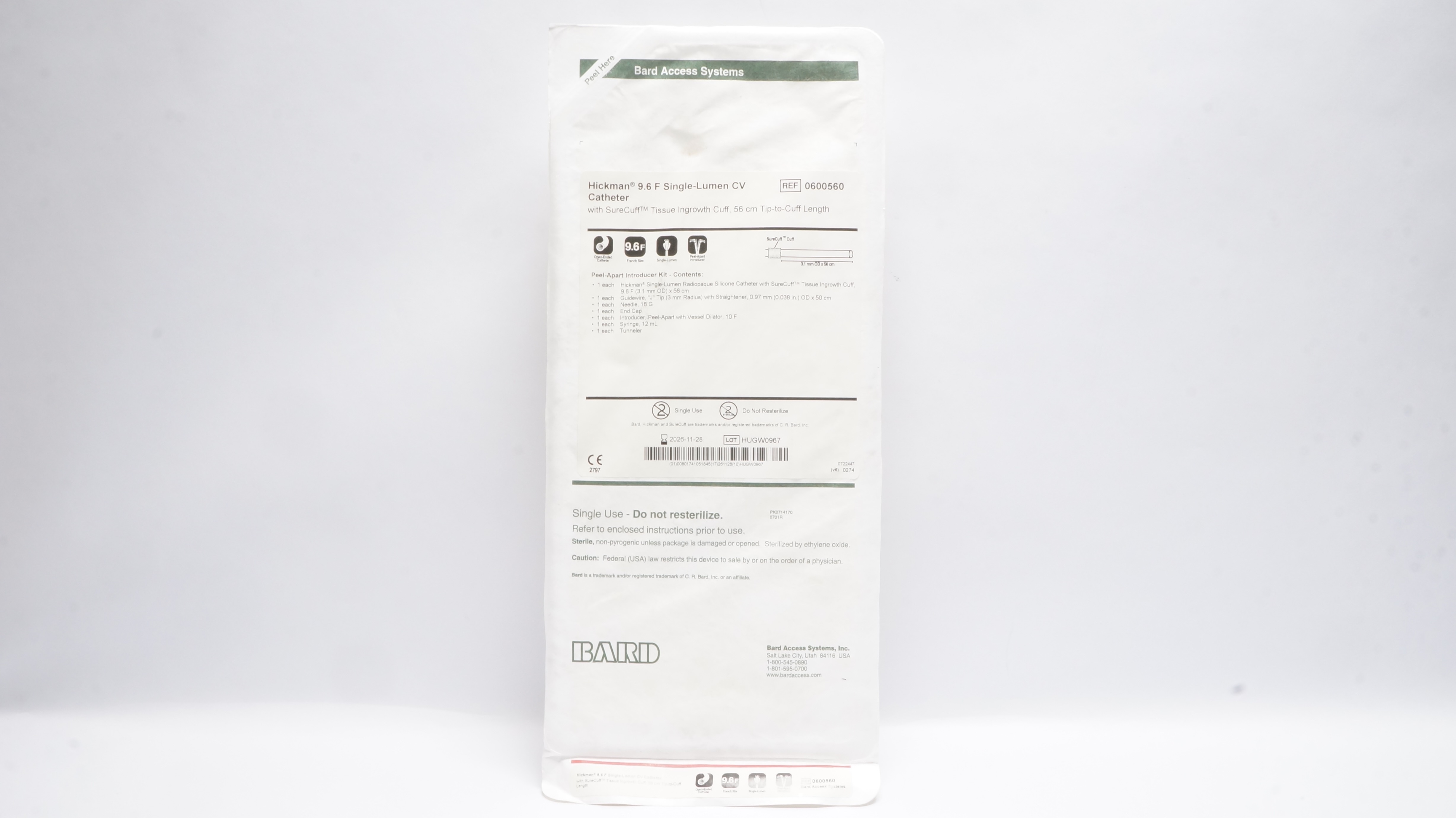 Bard 0600560 Hickman Single-Lumen CV Cath. 9.6F x 56cm