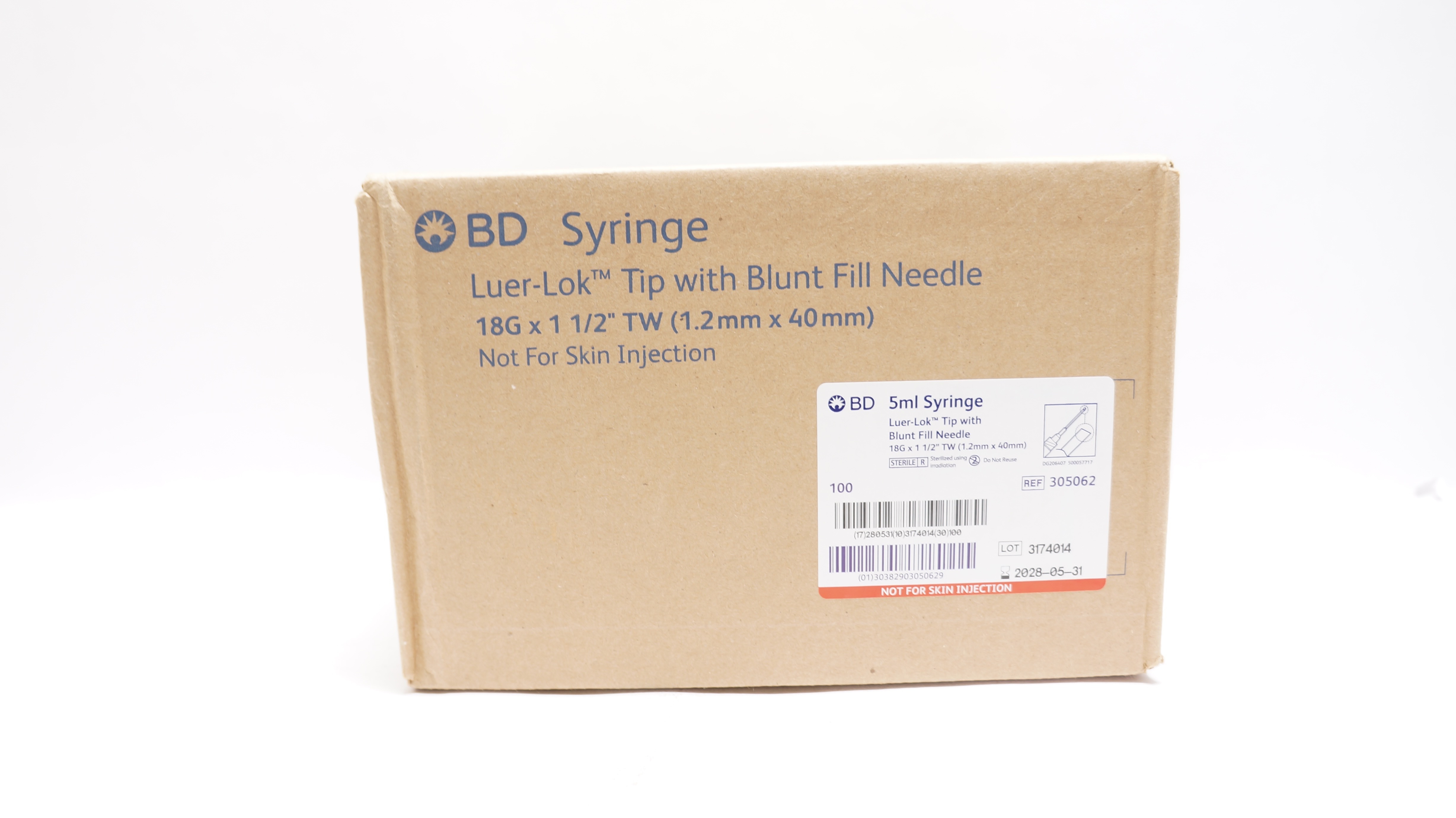 BD 305062 5 ml Syringe Luer-Lock Tip Blunt Fill Ndle 18G x 1-1/2in - Case of 100