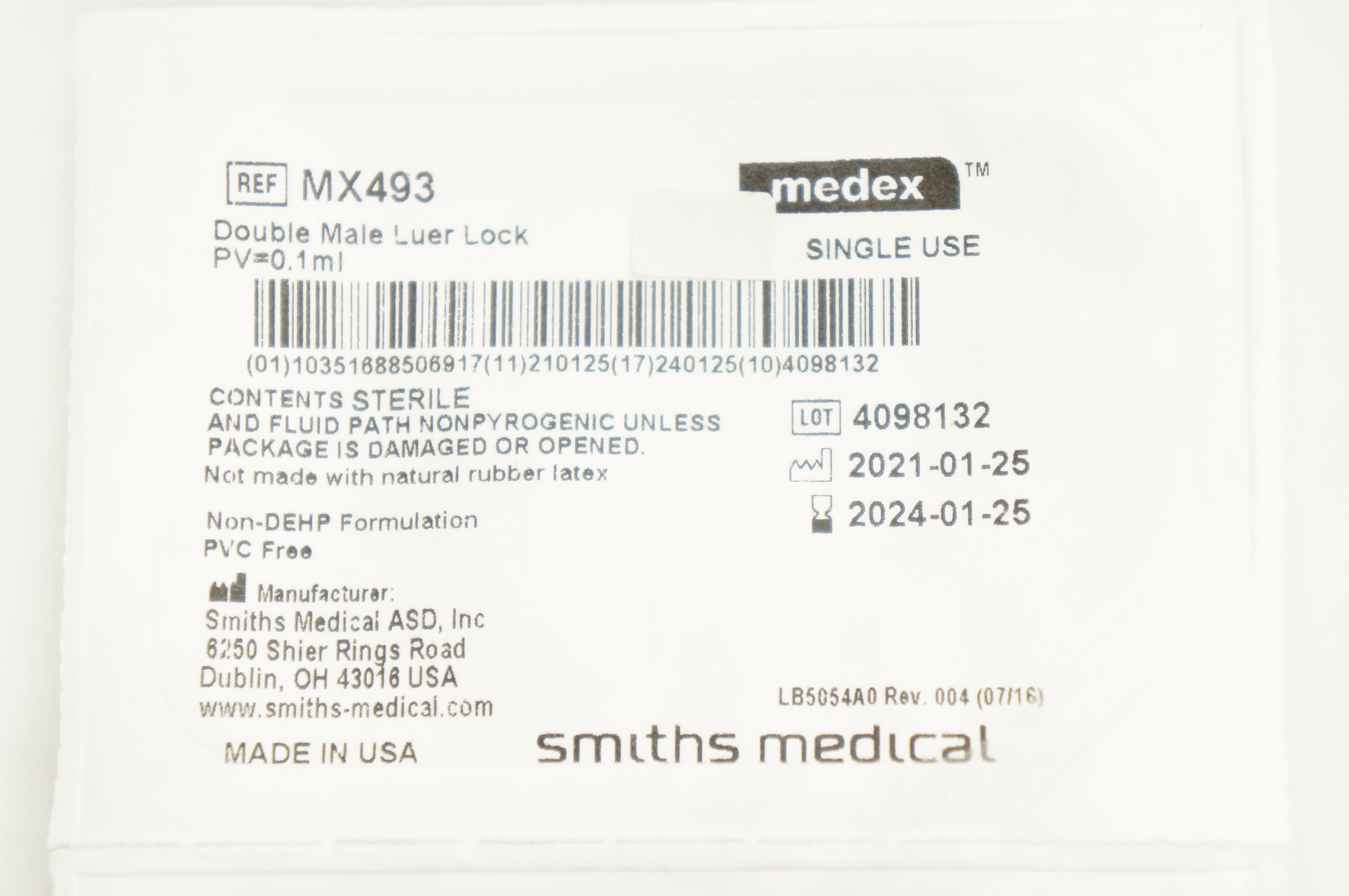 Smiths Medical MX493 Medex Double Male Luer Lock, PV 0.1mL