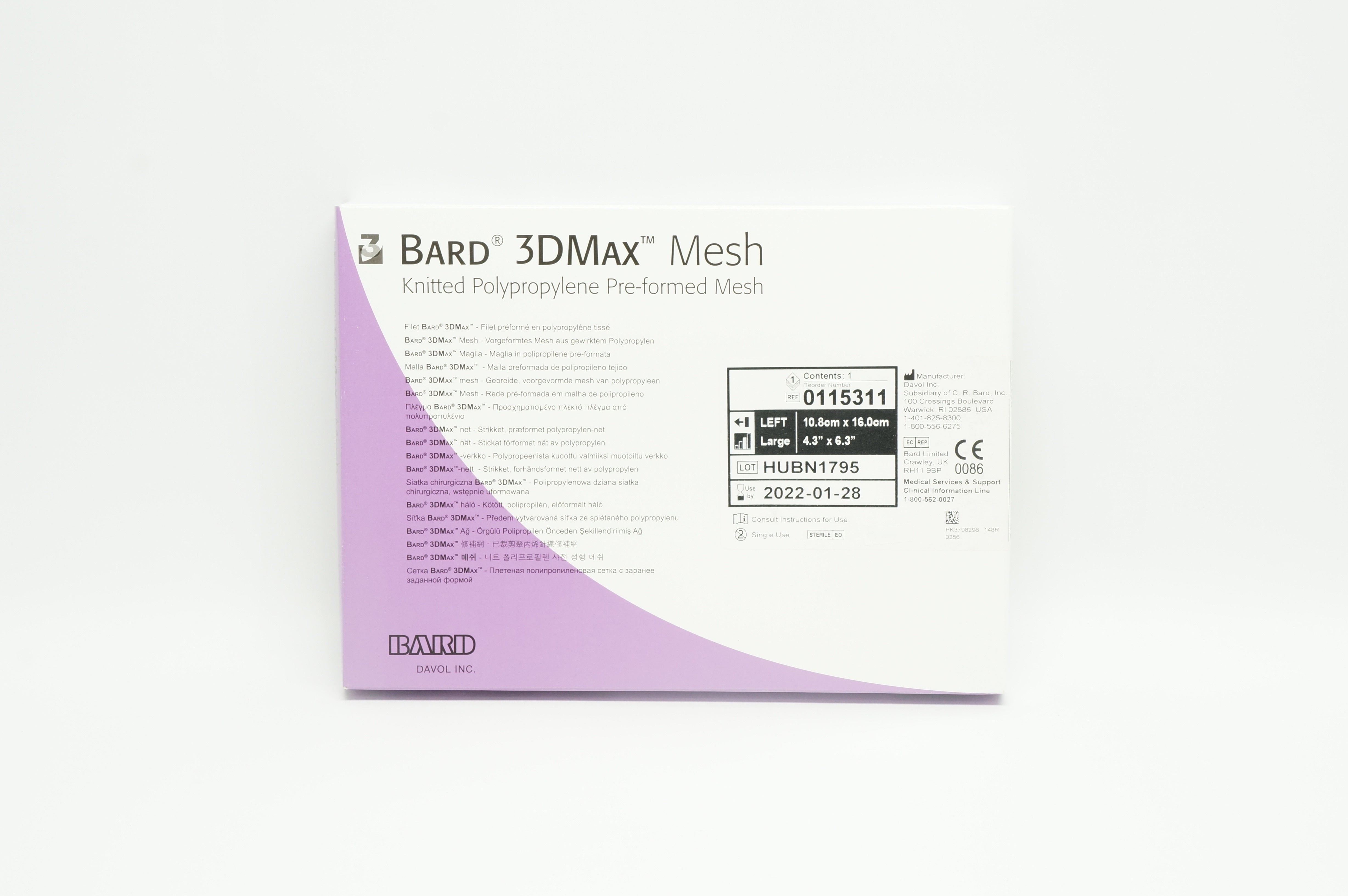 Bard 0115311 3DMax Mesh Knitted Pre-formed Mesh Left 4.3in. x 6.3in.