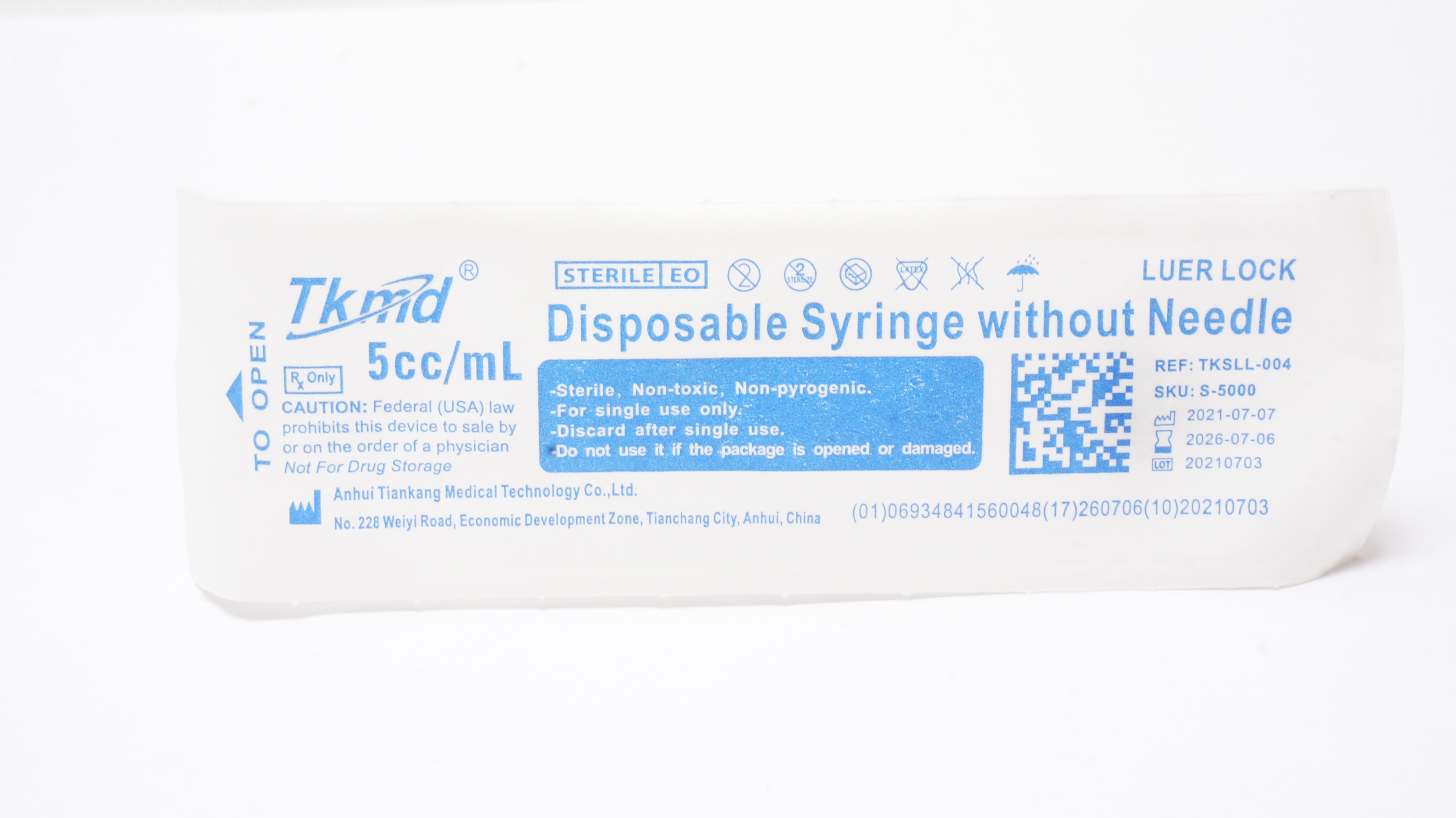 Anhui Medical TKSLL-004 TKMD Disposable Syringe Without Ndle 5cc/mL