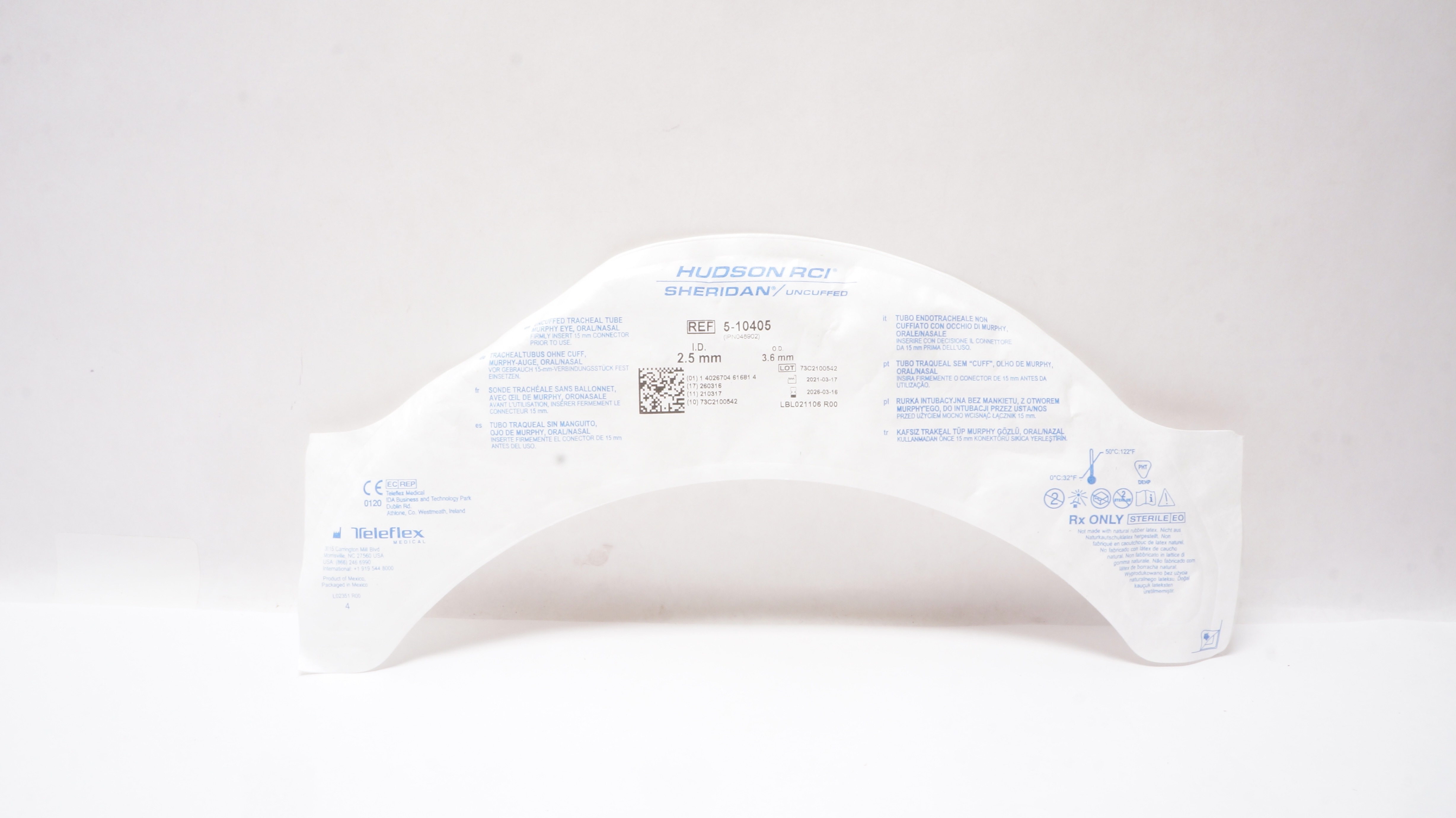 Teleflex 5-10405 Hudson RCI Sheridan Tracheal Tube Uncuffed 2.5mm ID x 3.6mm OD