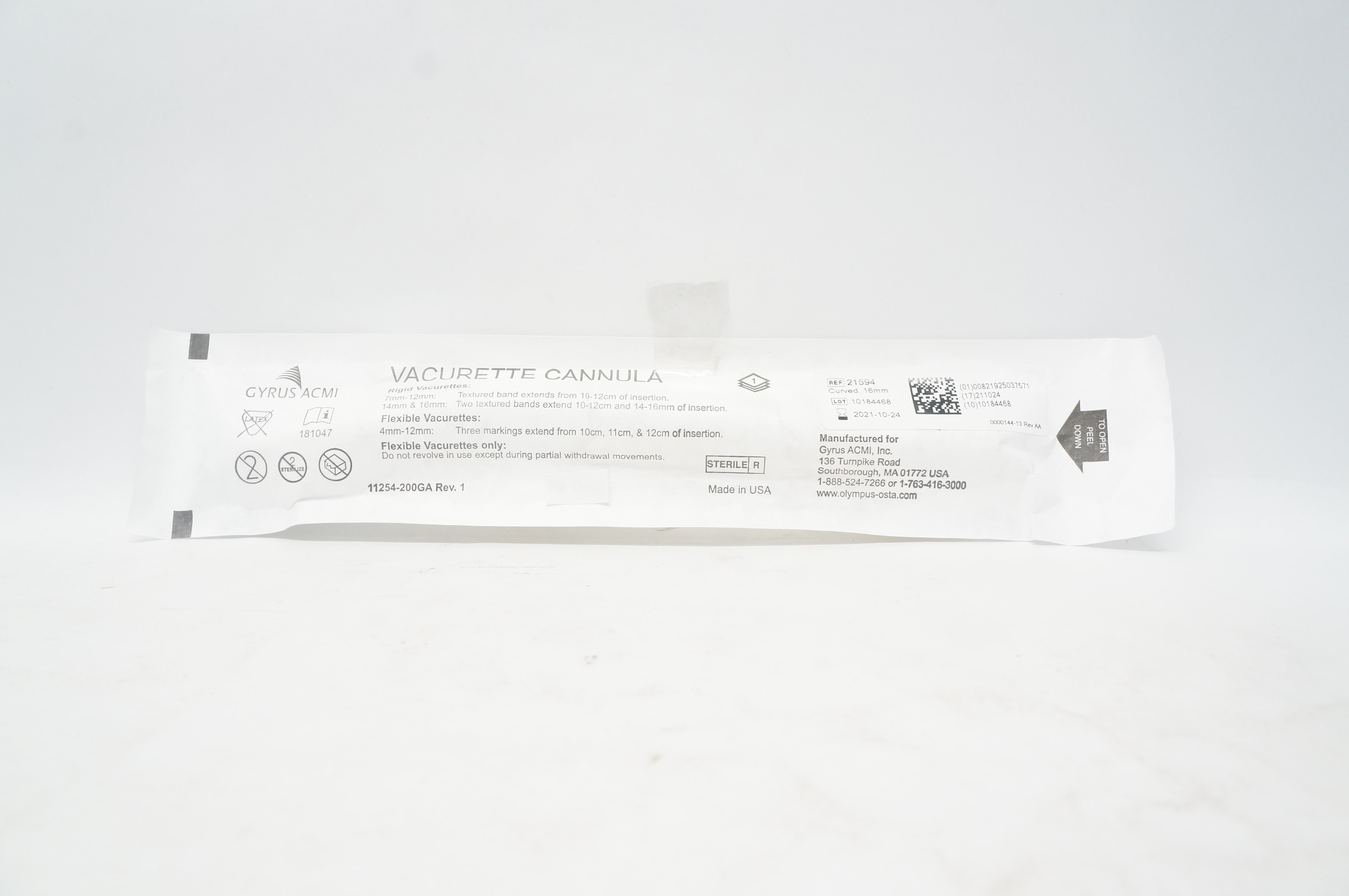 Gyrus ACMI 21594 Vacurette Cannula  Curved Rigid OD 16mm