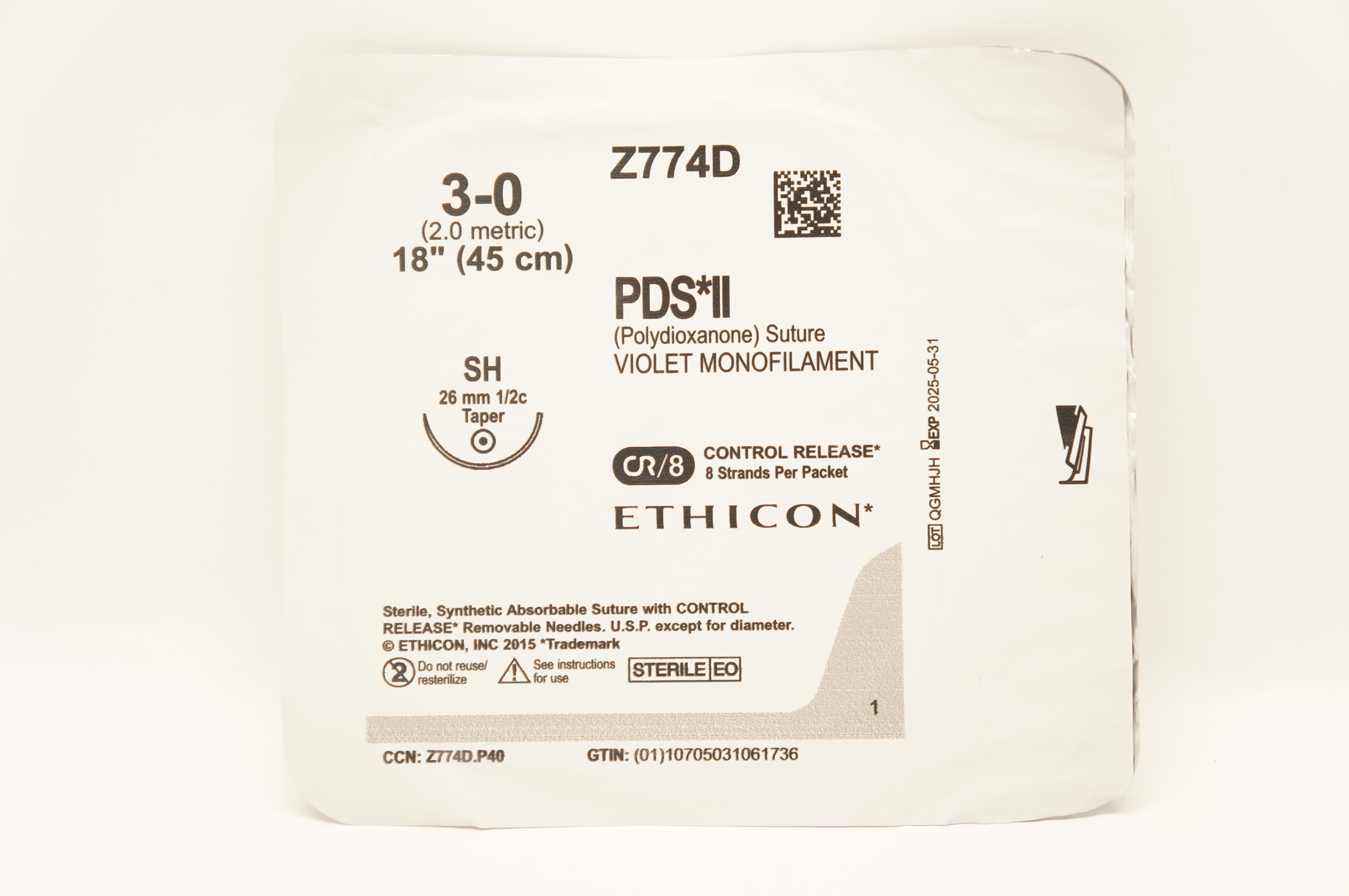 Ethicon Z774D 3-0 PDS II Stre Violet Monofilament SH 26mm 1/2c Taper, 18inch
