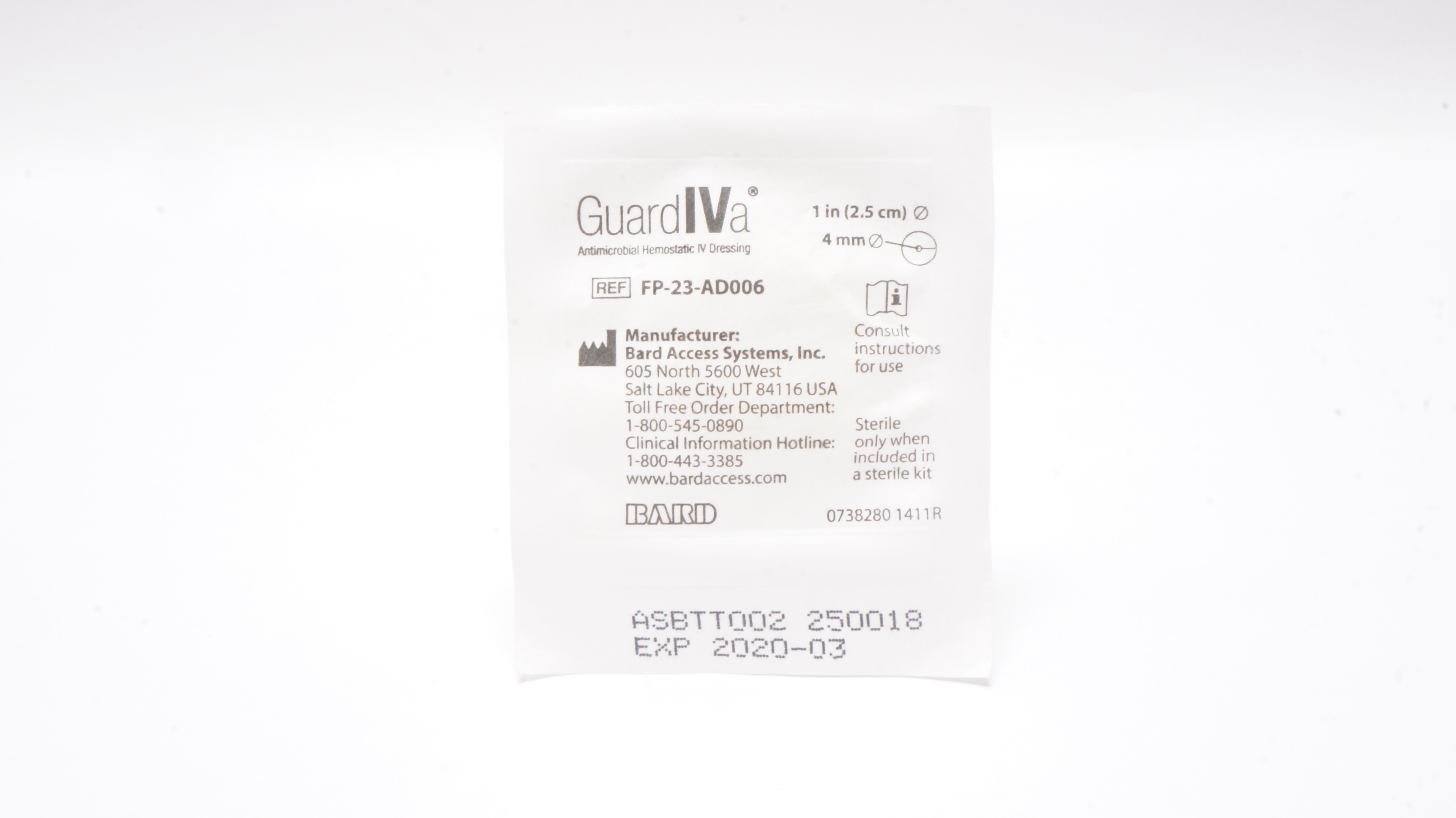 Bard FP23AD006 GuardIVa Hemostatic IV Dressing 1inch x 4mm (x)