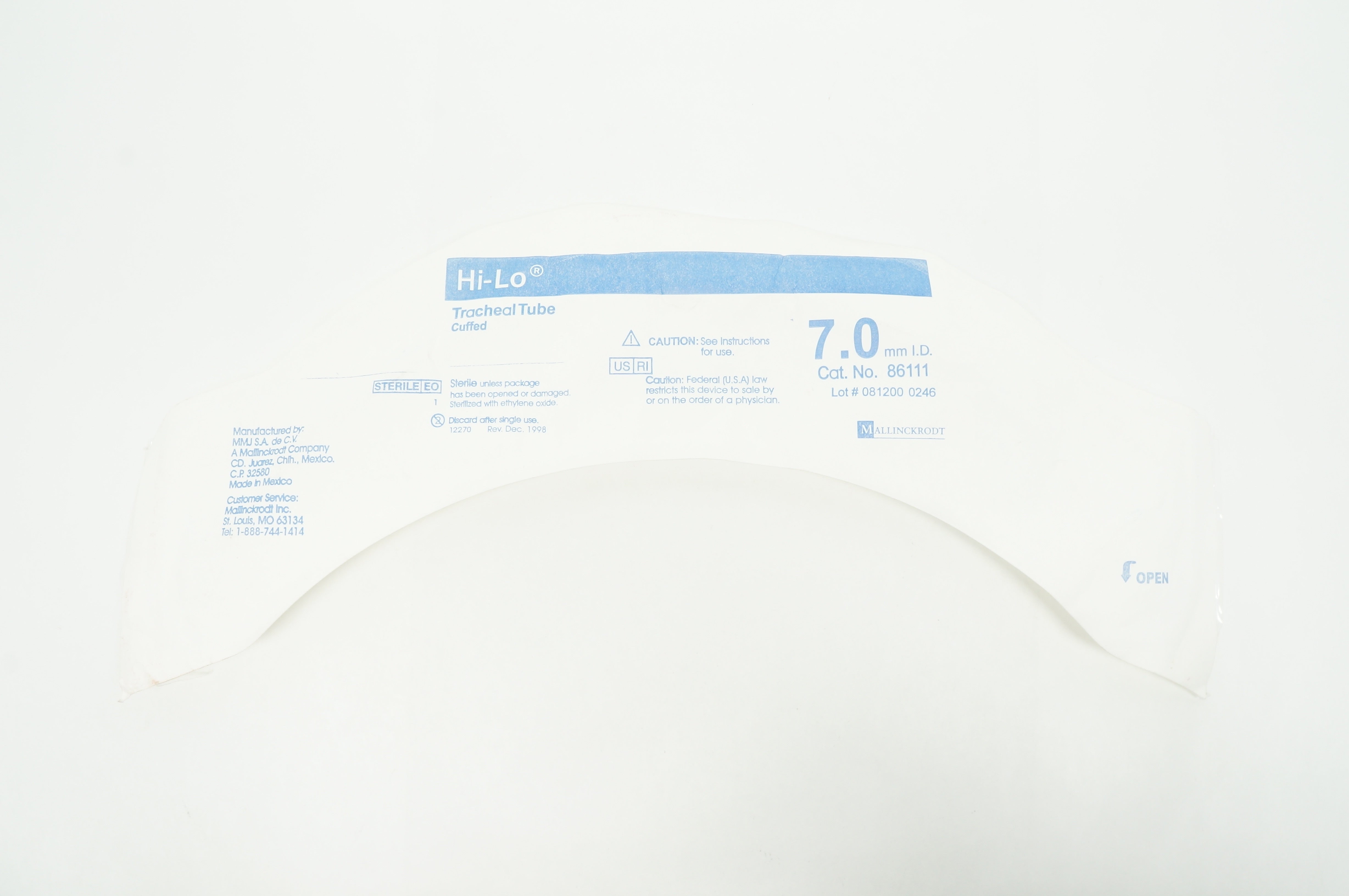 Mallinckrodt 86111 Hi-Lo Cuffed Tracheal Tube 7.0mm ID (x)