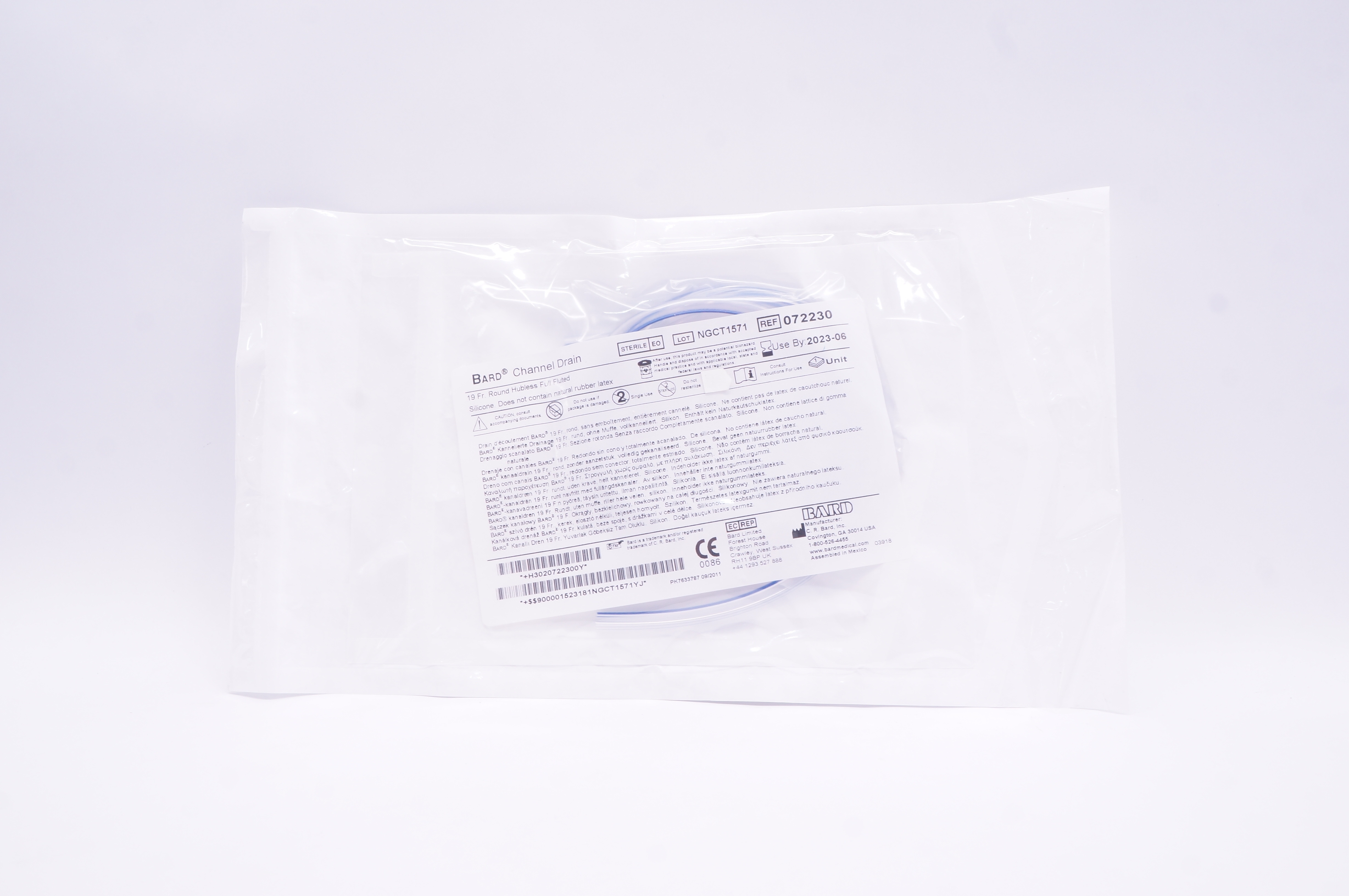 Bard 072230 Channel Drain Round Hubless Full Fluted Silicone 19 Fr.