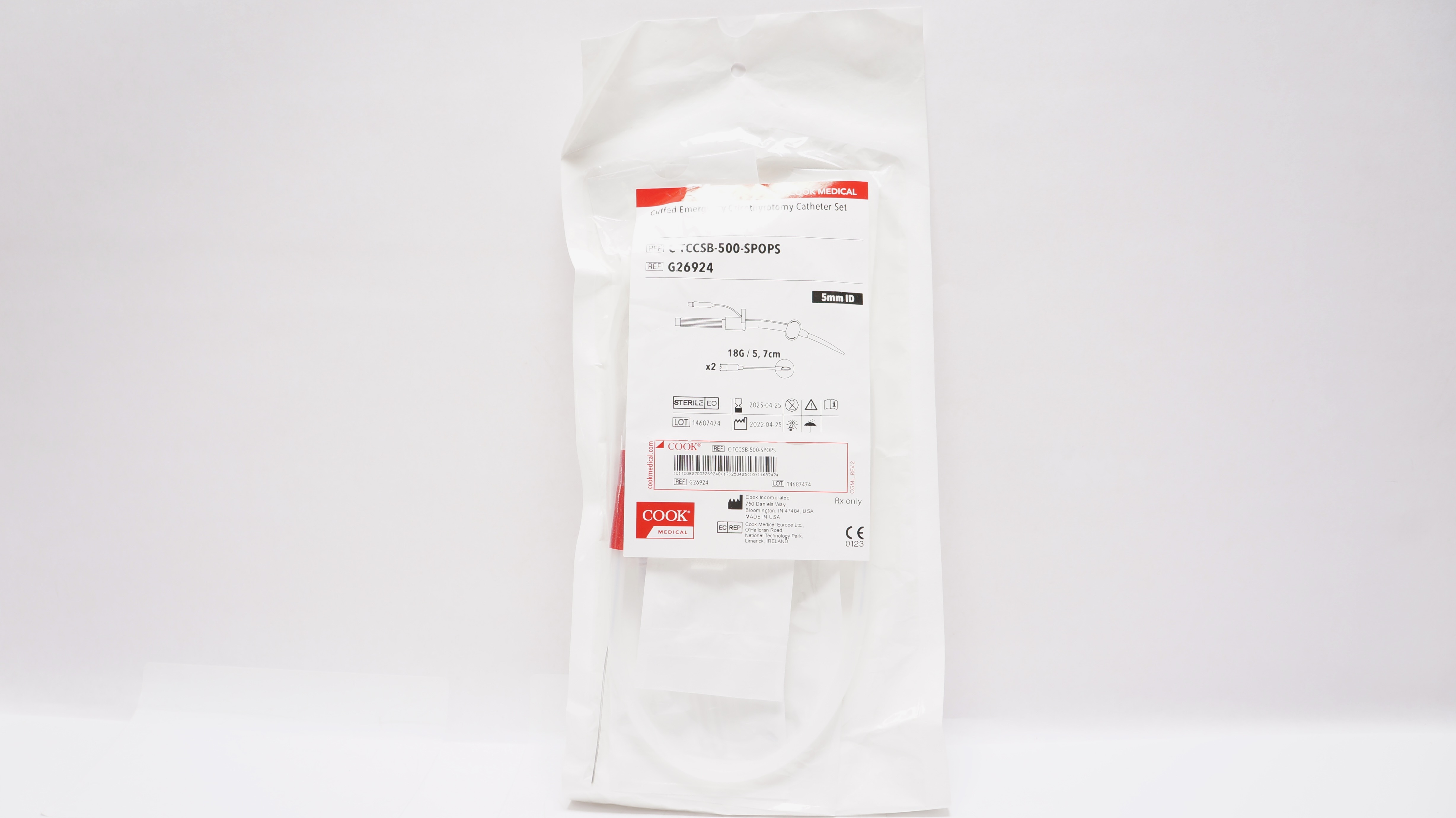 Cook Medical G26924 Cuffed Emergency Cricothyrotomy Cath. Set 5mmID 18G/5.7cm