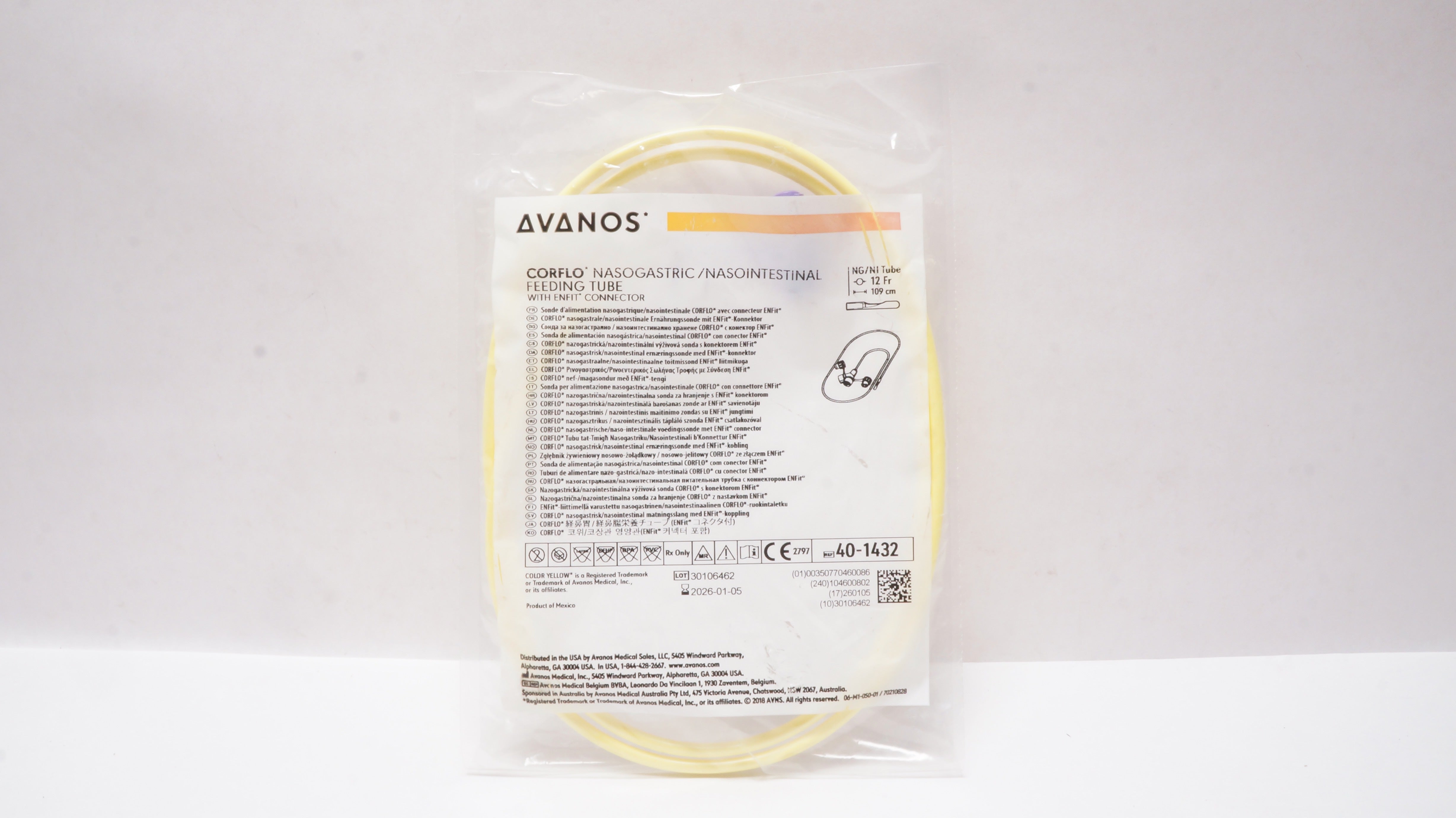Avanos 40-1432 Corflo Nasogastric/Nasointestinal Feeding Tube 12Fr x 109cm
