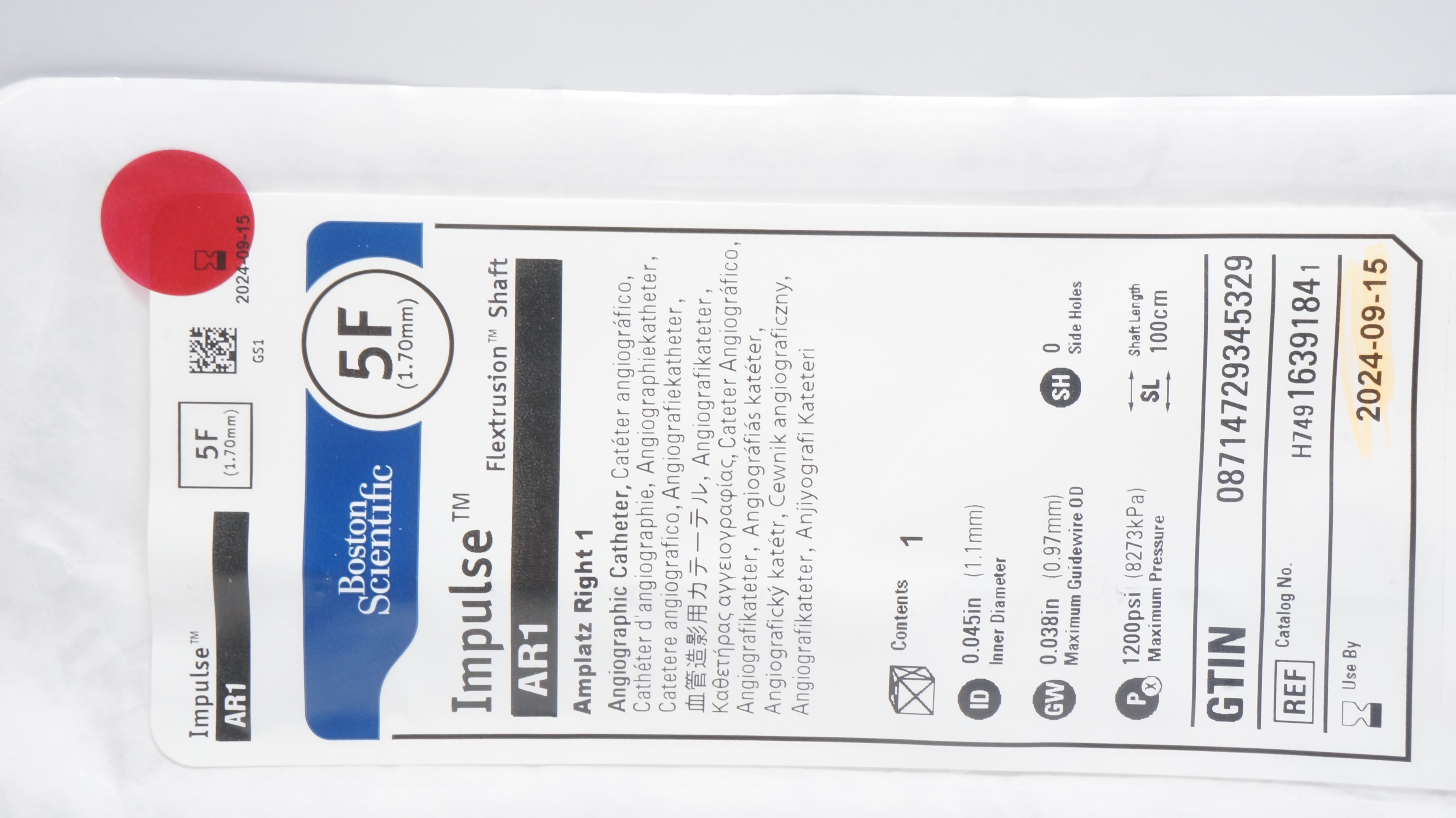 Boston Scientific H74916391841 Impulse AR1 Angiographic Cath. 5F (x)