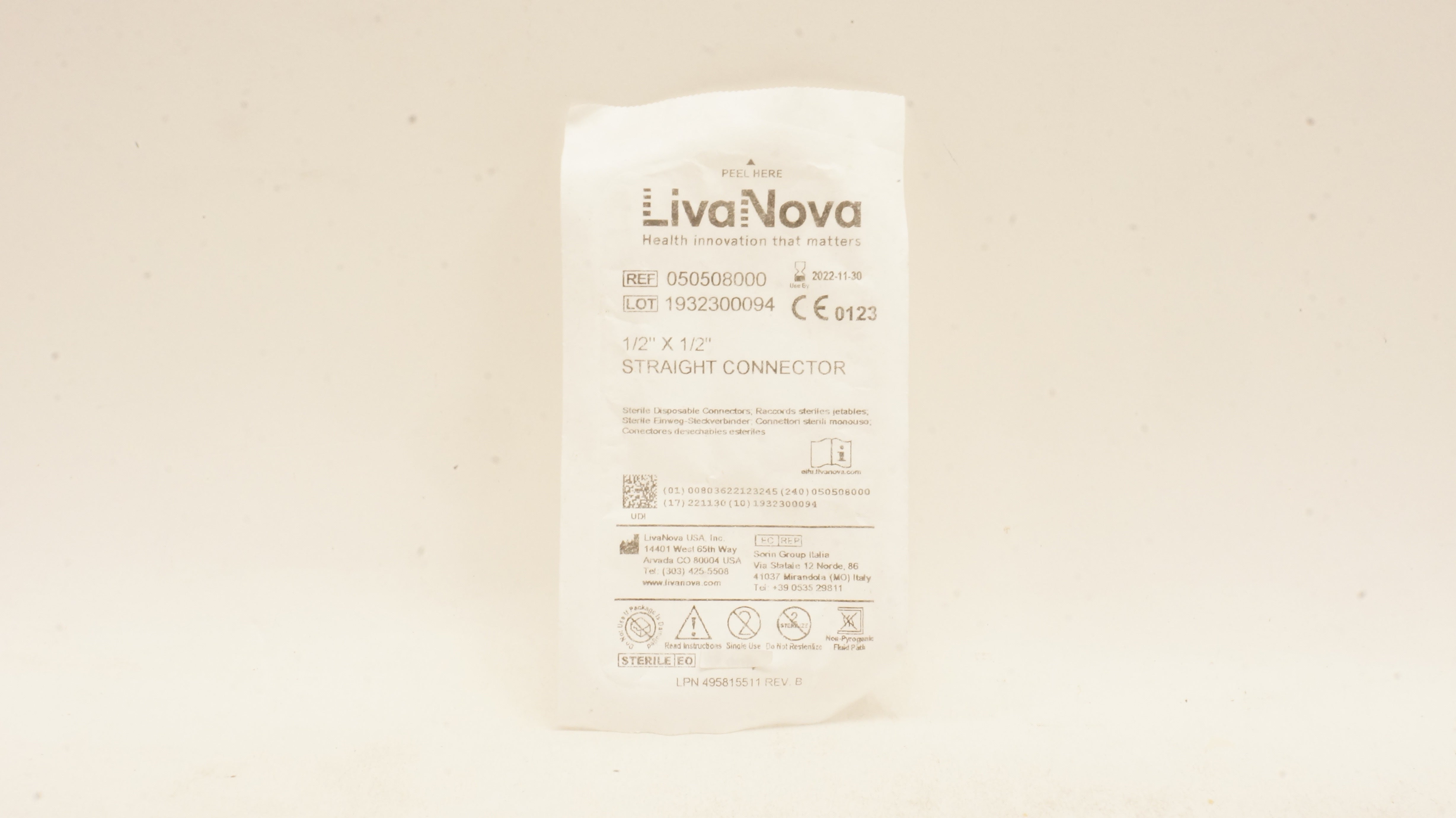 Sorin Group 050508000 LivaNova Straight Connector 1/2inch x 1/2inch