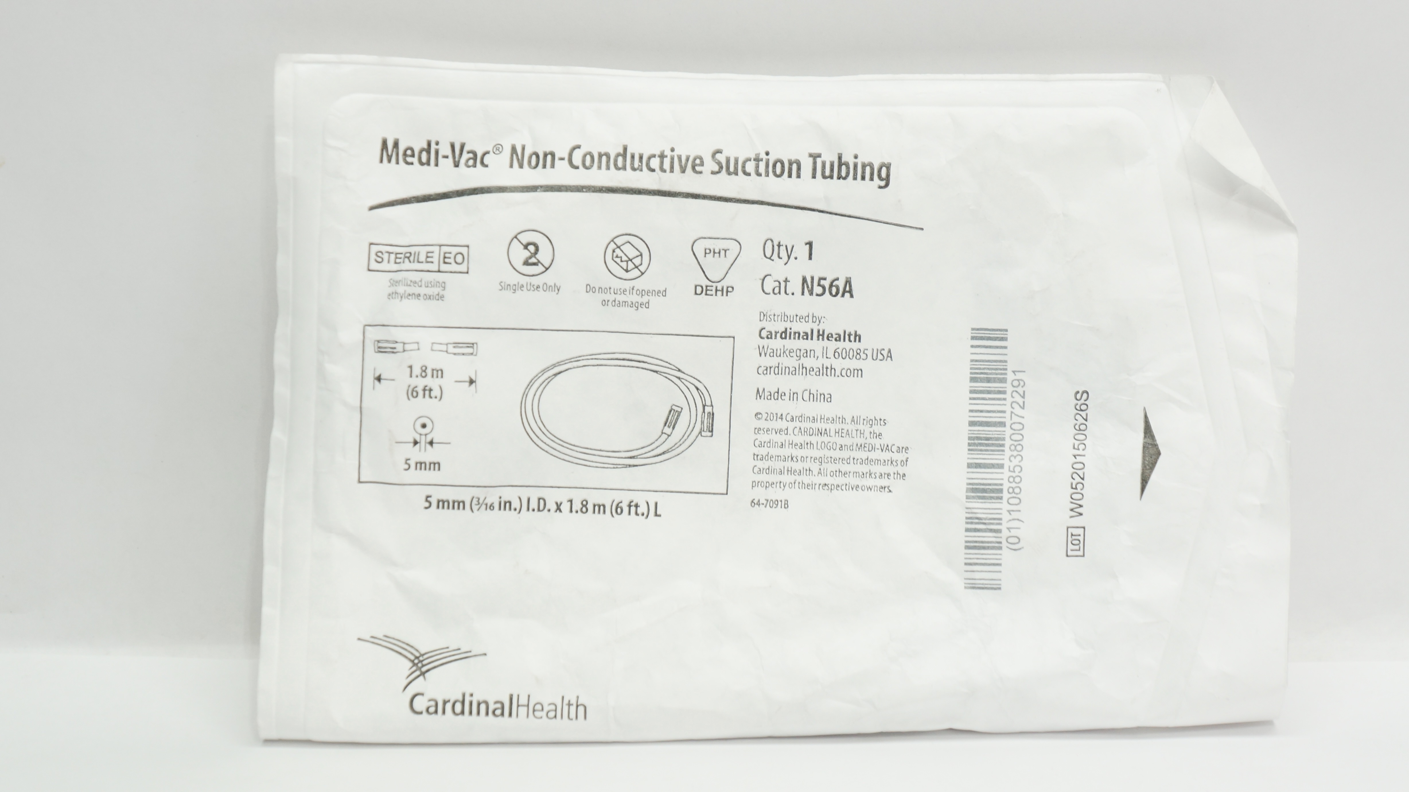 Cardinal Health N56A Medi-Vac Non-Conductive Suction Tubing 3/16inch I.D. x 6Ft