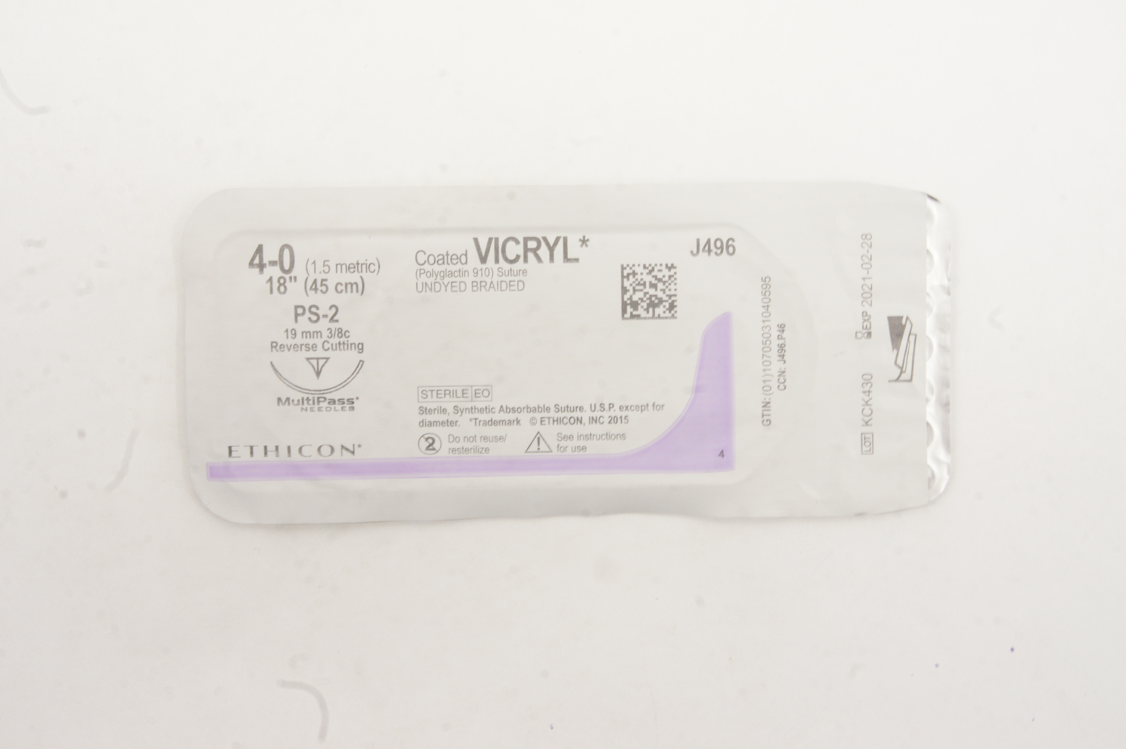 Ethicon J496 4-0 Coated VICRYL PS-2 19mm 3/8c Reverse Cutting, 18inch (x)