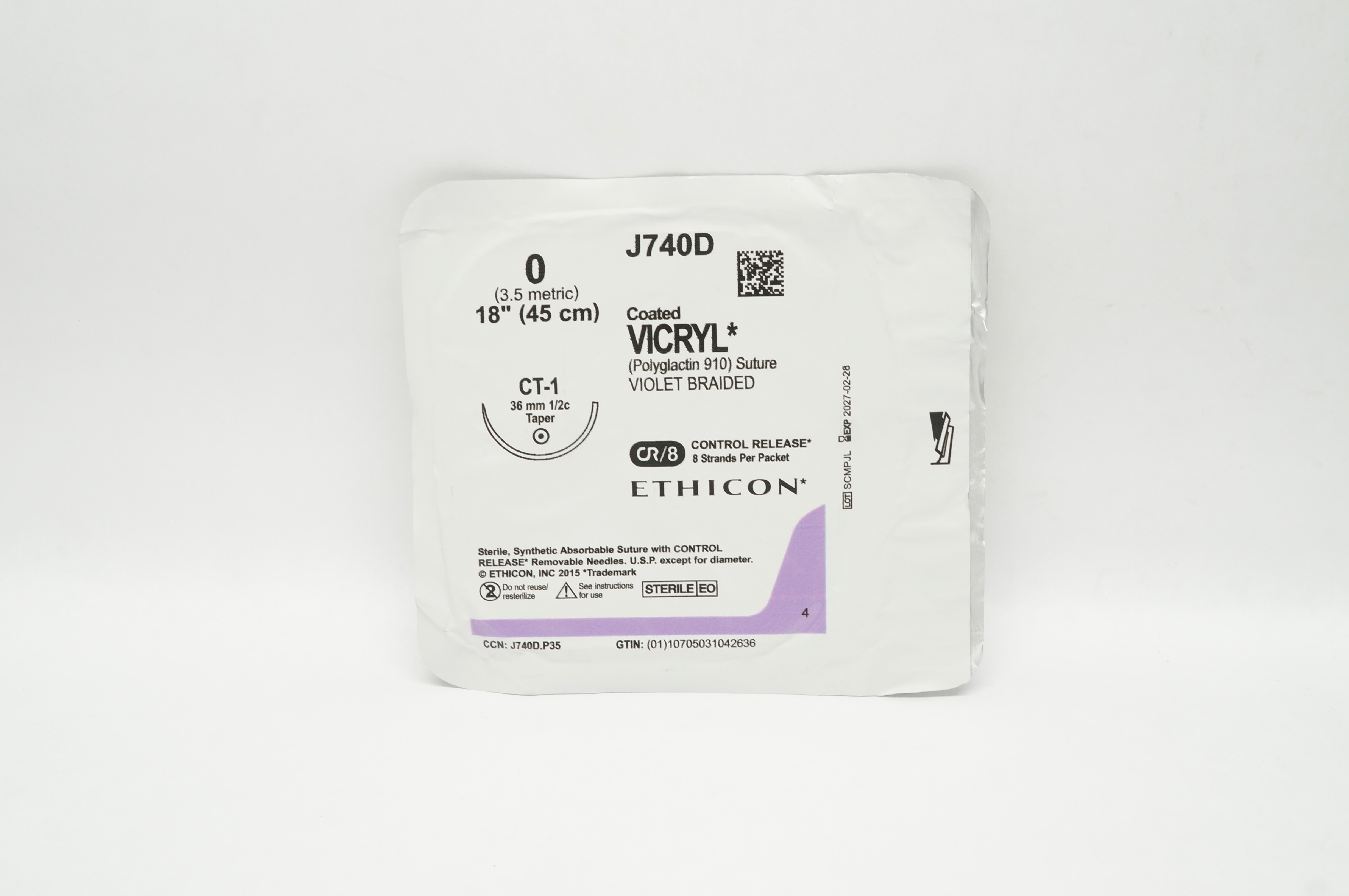 Ethicon J740D 0 Coated VICRYL Polyglactin 910 Stre CT-1 36mm 1/2c Taper, 18inch
