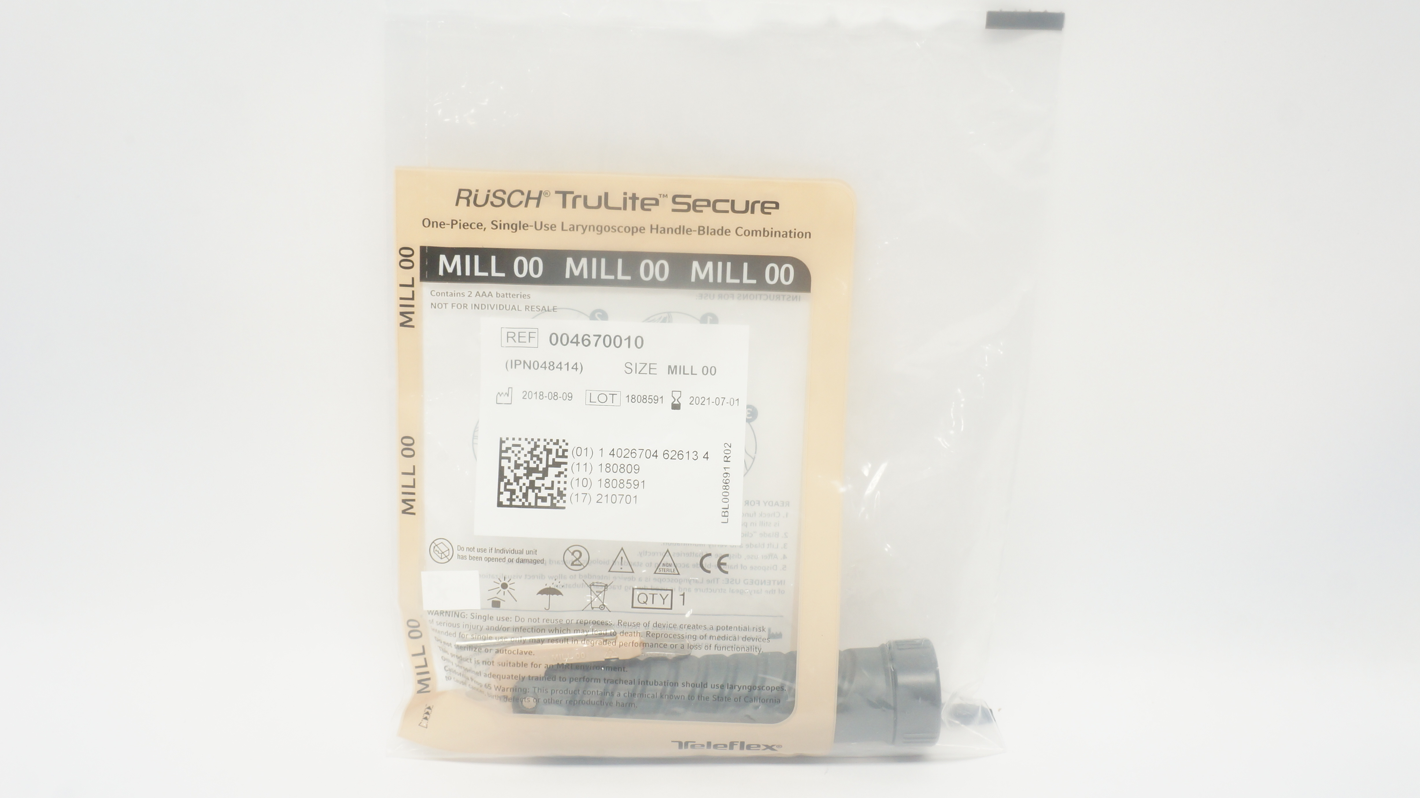Teleflex 004670010 Rusch TruLite Secure Laryngoscope Handle-Blade MILL 00 (x)