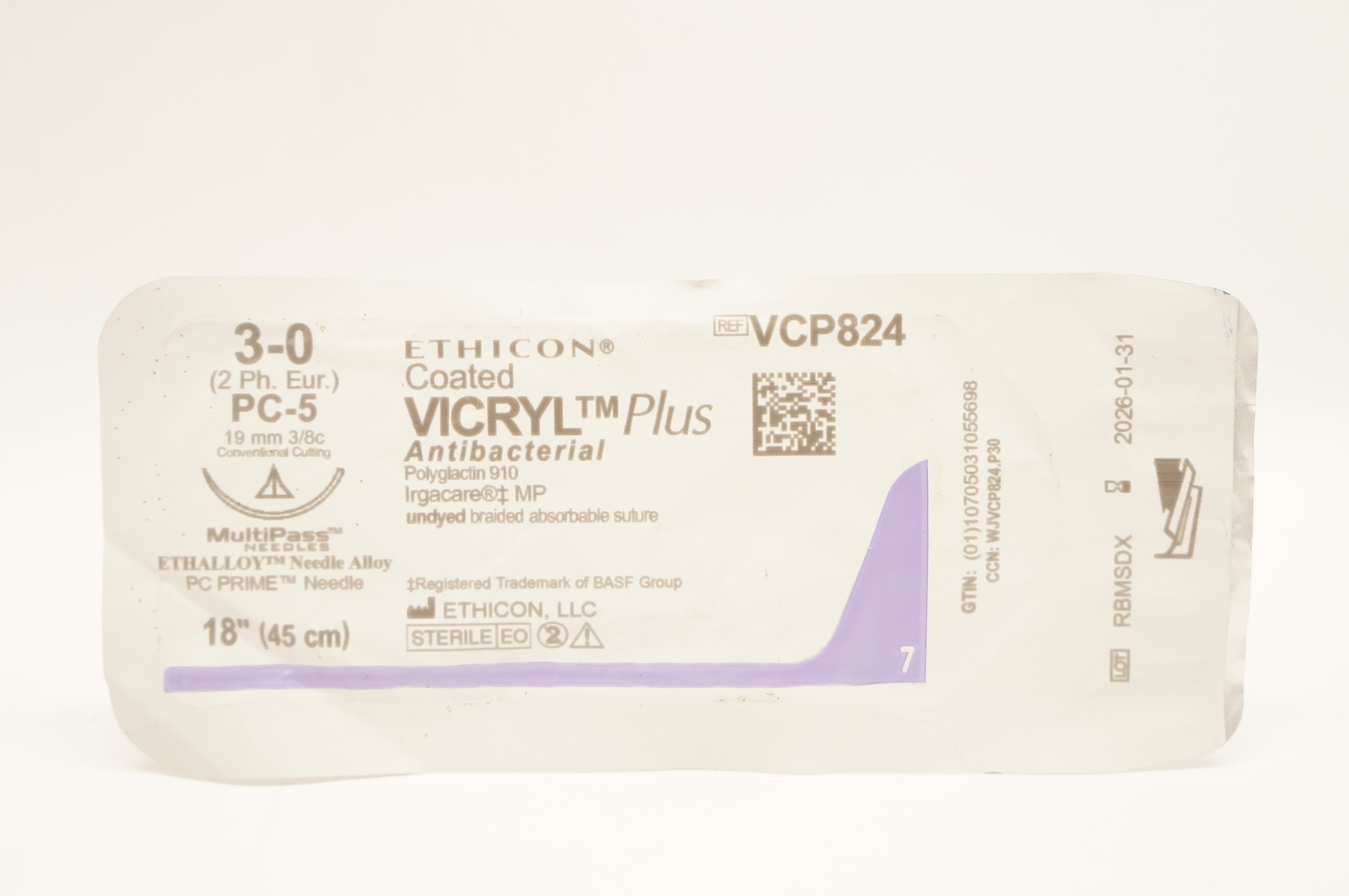 Ethicon VCP824 Coated Vicryl Plus Antibacterial 3-0 PC-5 19mm 3/8c 18inch