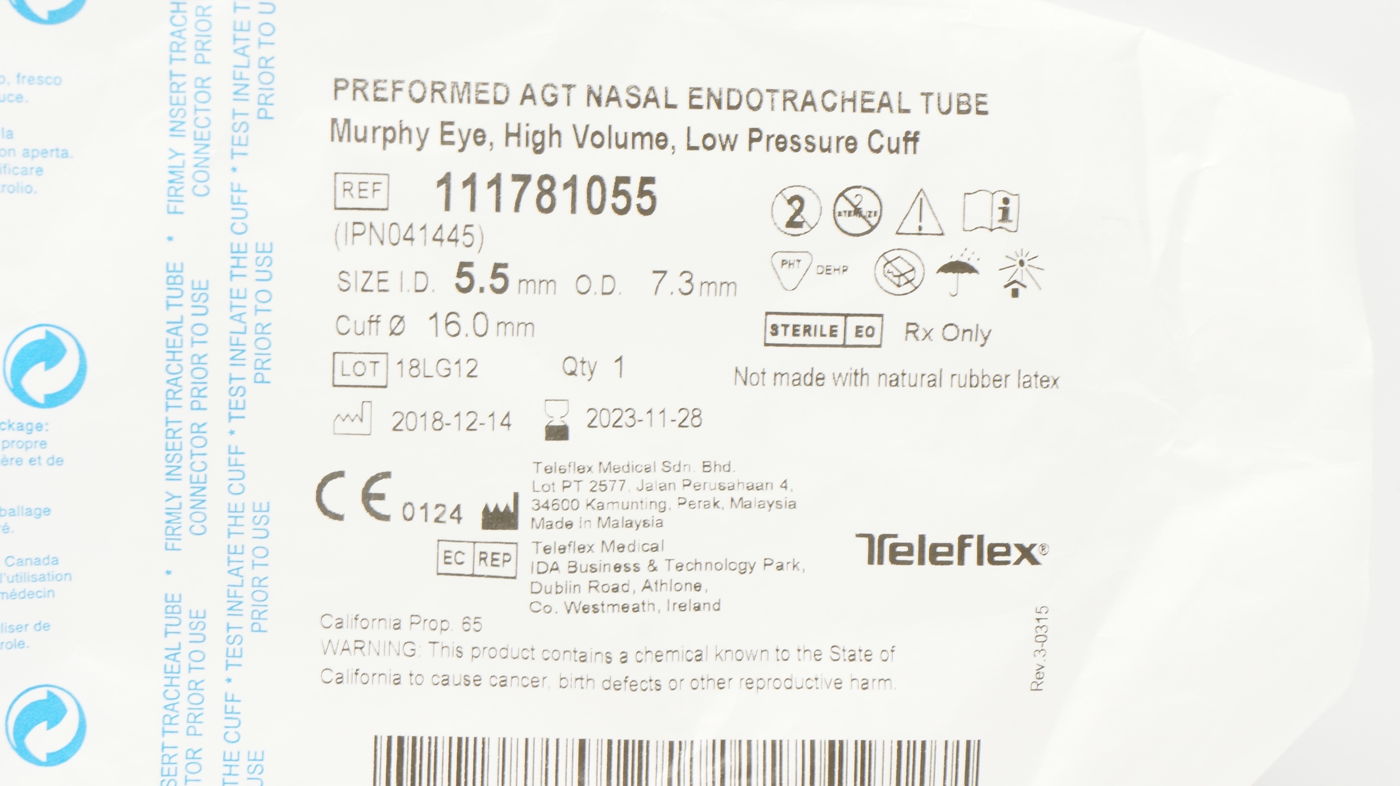Teleflex 111781055 Preformed AGT Nasal Endotracheal Tube 5.5ID x 7.3OD x 16mm(x)