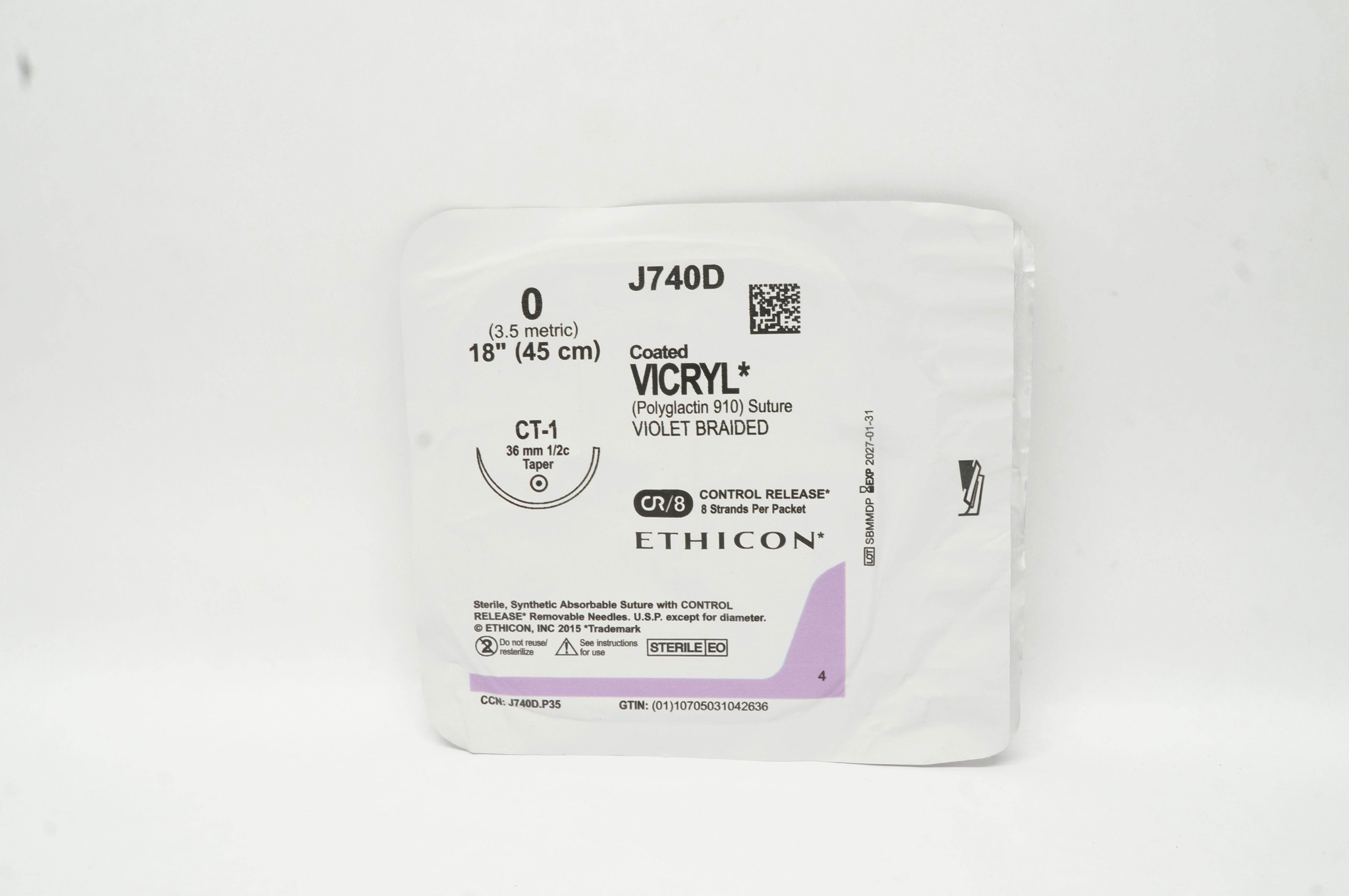 Ethicon J740D 0 Coated VICRYL CT-1 36mm 1/2c Taper 18inch