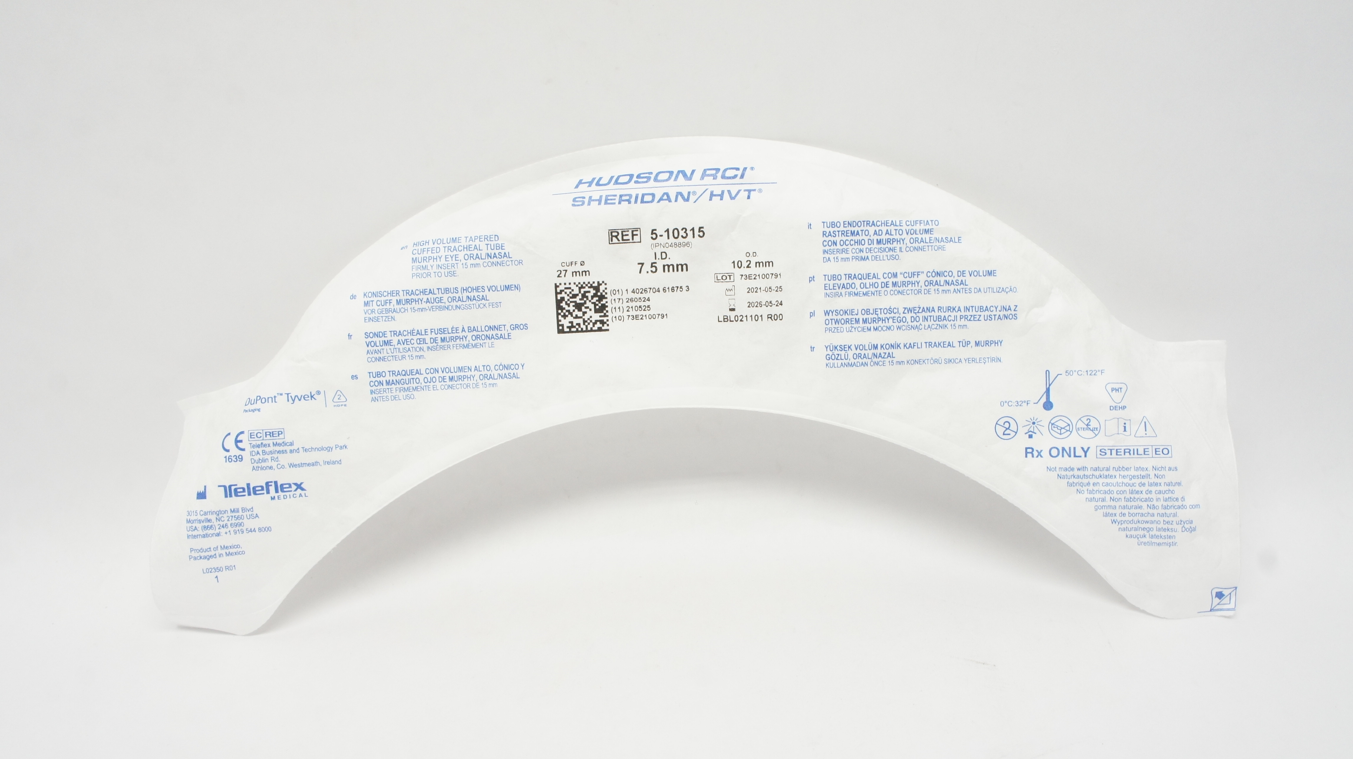 Teleflex 5-10315 Hudson RCI Sheridan HVT Cuffed Tracheal Tube 7.5 x 10.2 x 27mm