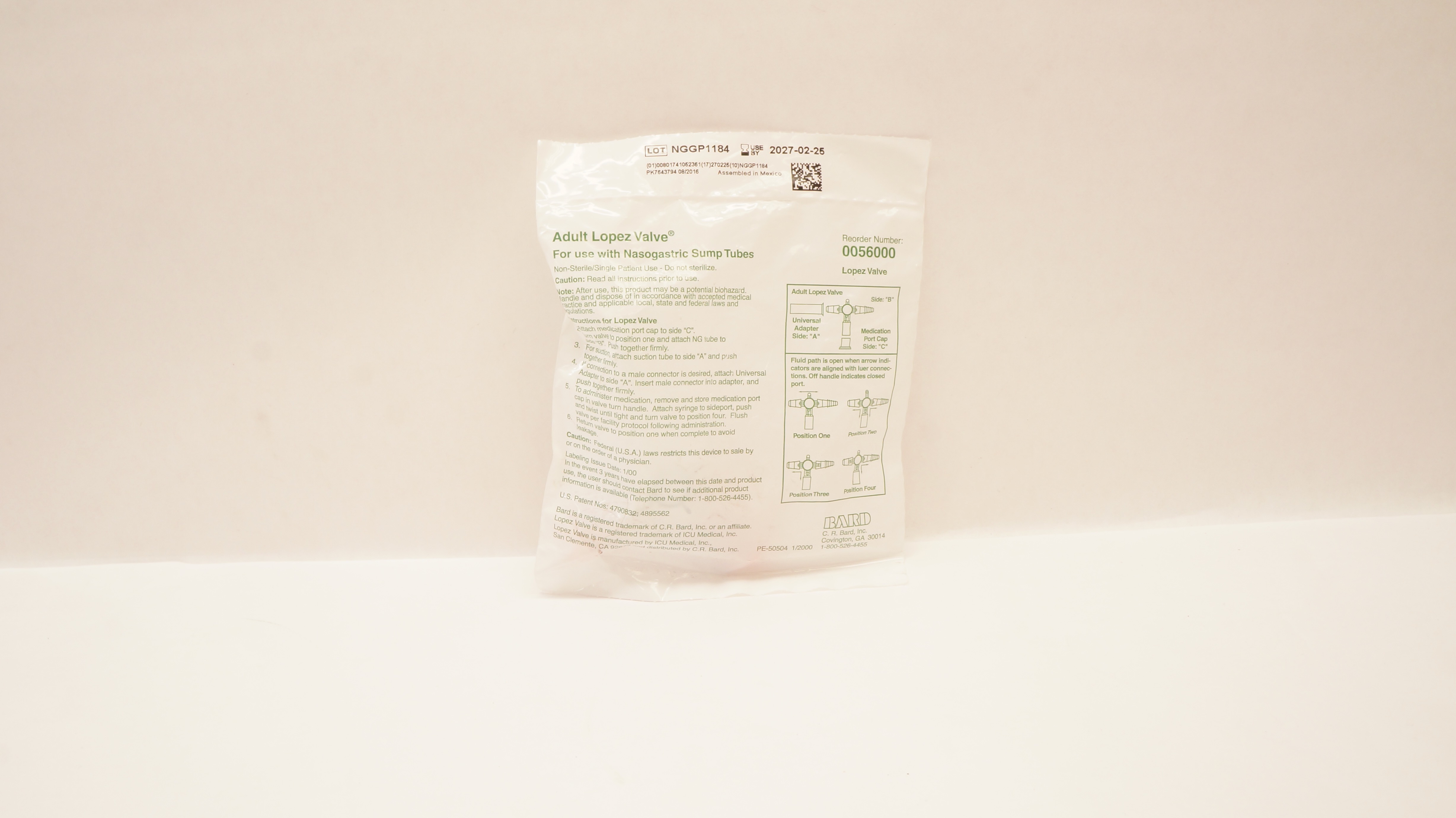 Bard 0056000 Adult Lopez Valve with Nasogastric Sump Tubes