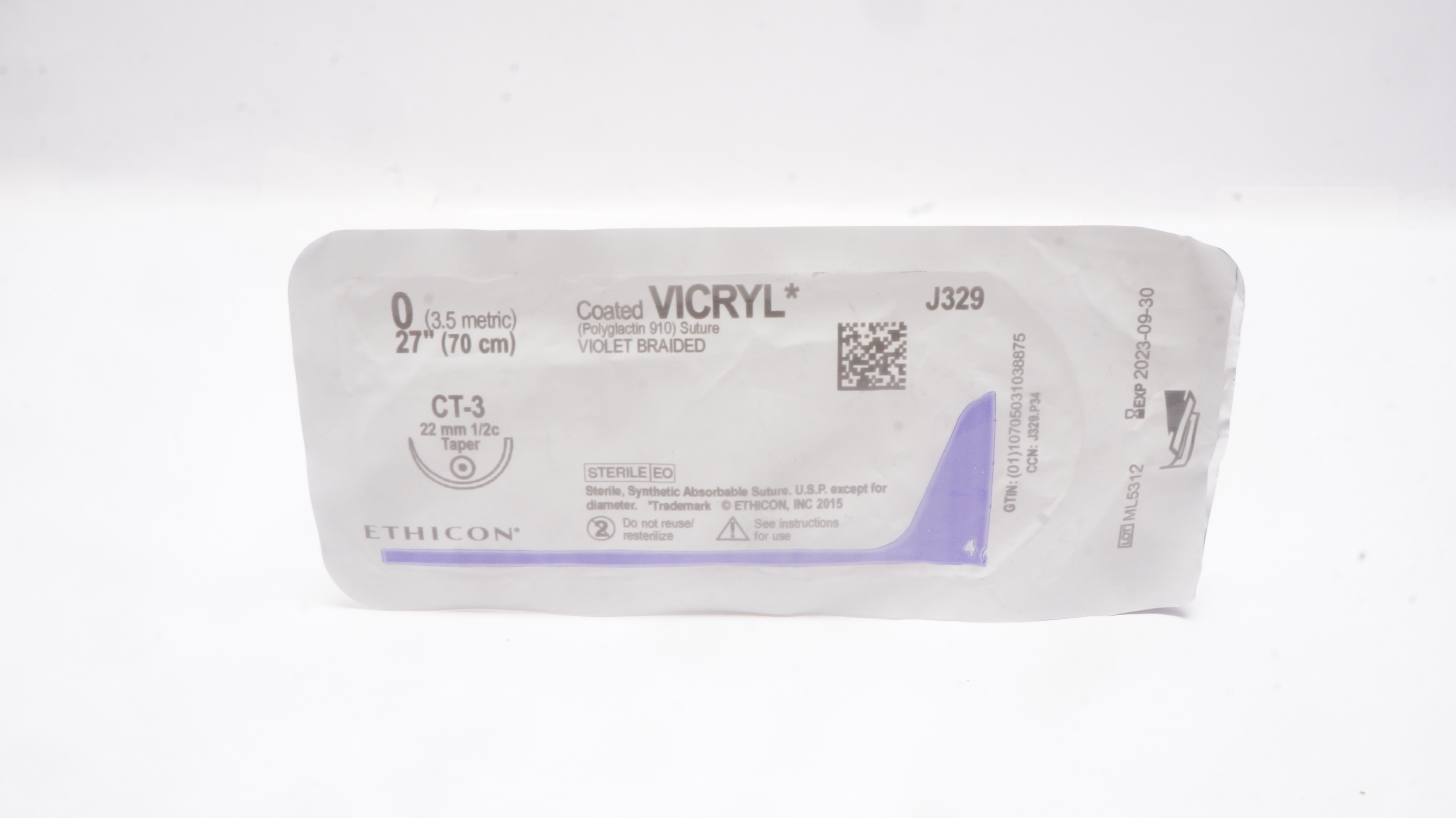 Ethicon J329 0 Coated VICRYL Stre, Violet Braided, CT-3 22mm 1/2c Taper, 27inch