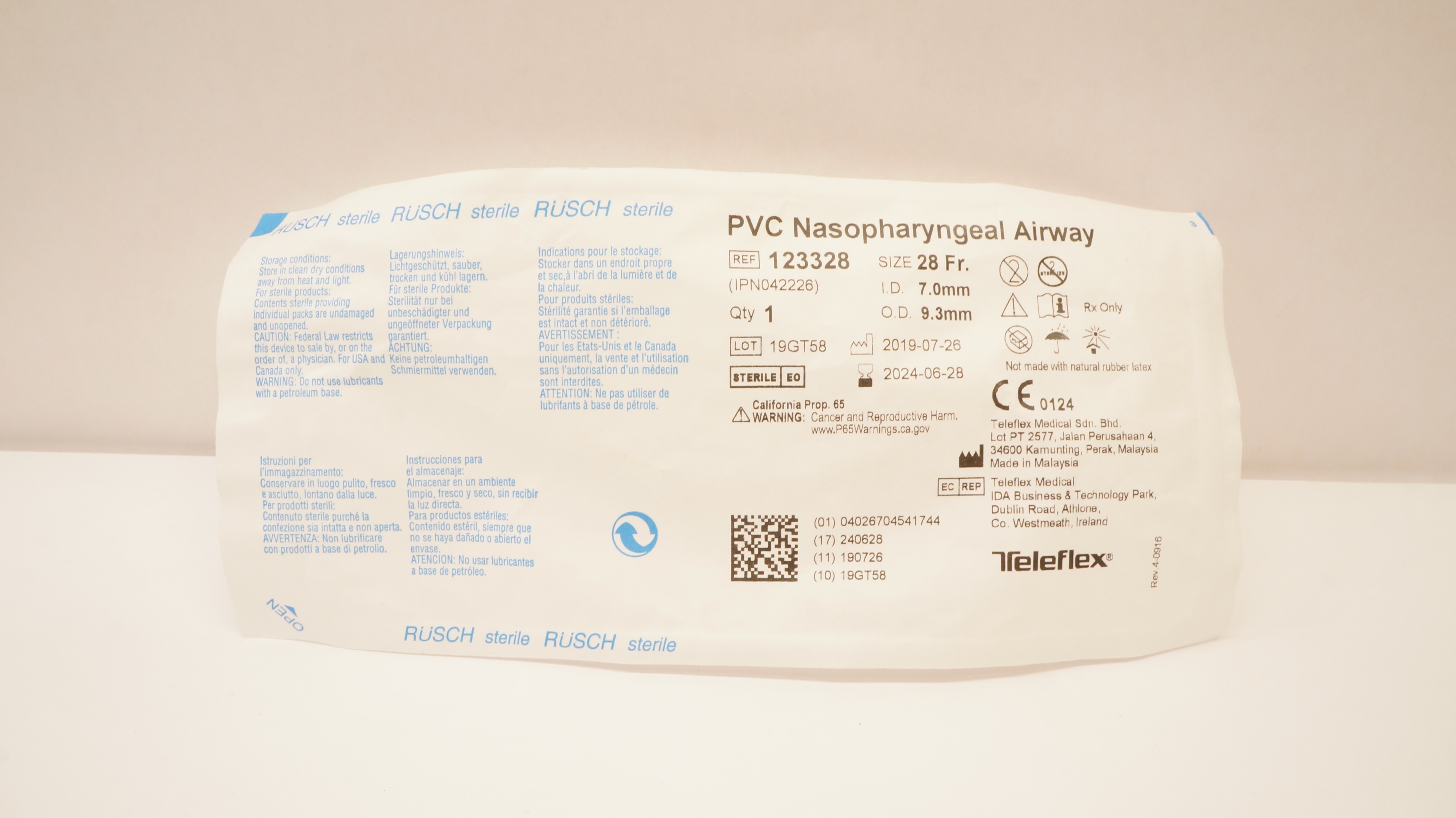 Teleflex 123328 Rusch PVC Nasopharyngeal Airway 28Fr. x ID 7.0mm x OD 9.3mm