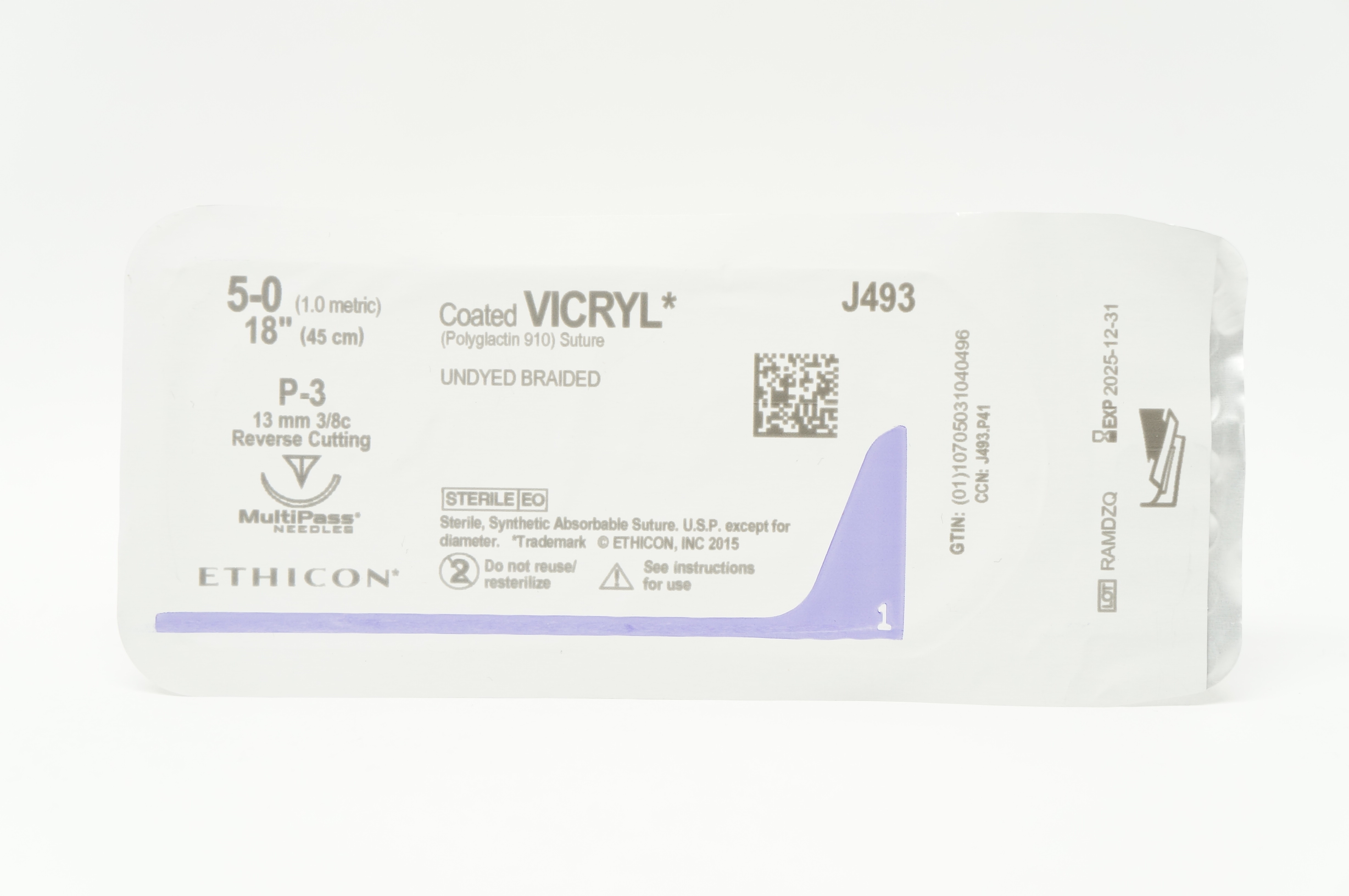 Ethicon J493 5-0 Coated VICRYL Stre P-3 13mm 3/8c Reverse Cutting, 18inch