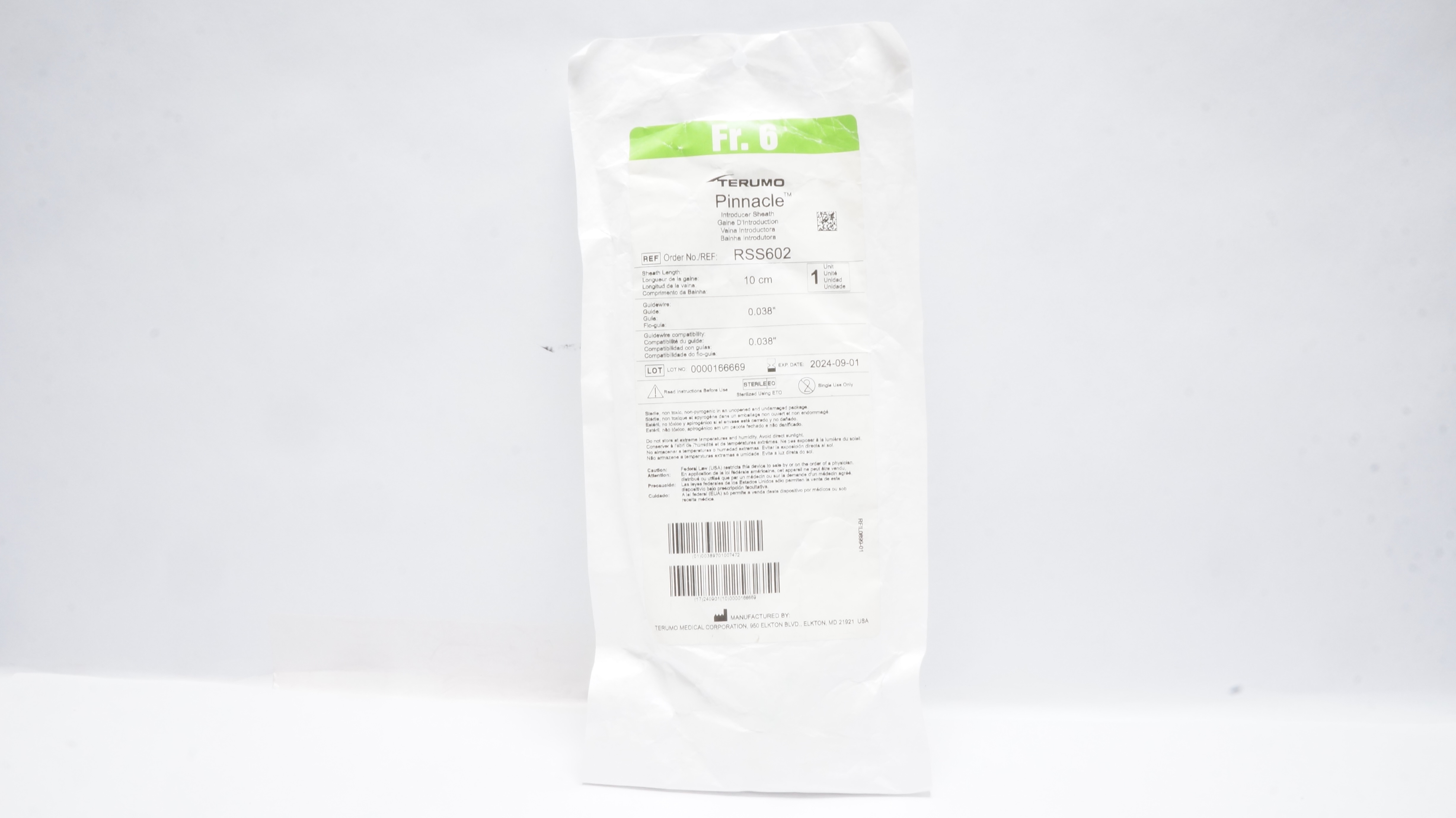 Terumo RSS602 Pinnacle Introducer Sheath 6Fr x 10cm x 0.038inch x 0.038inch (x)
