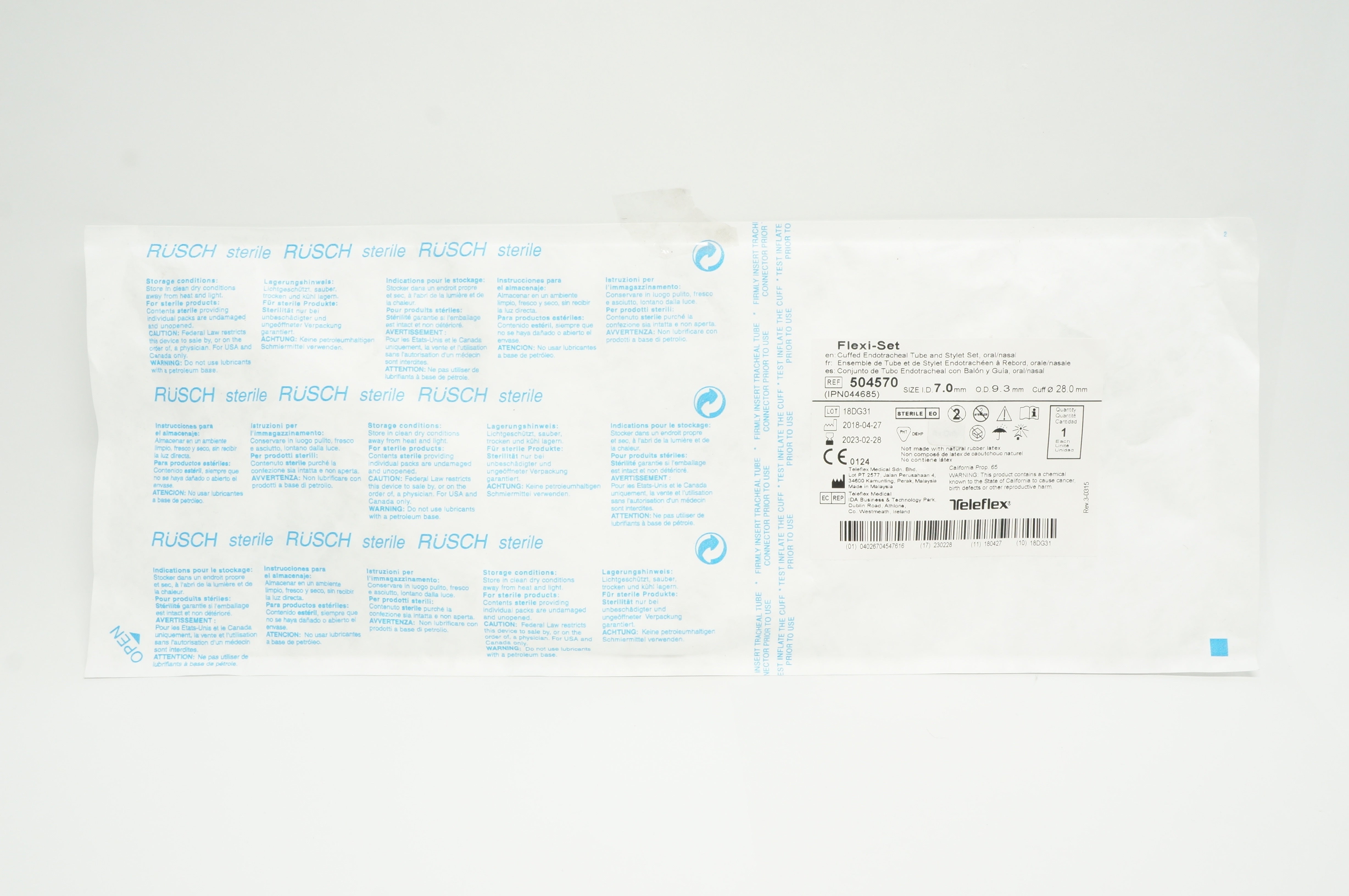 Rusch 504570 Flexi-Set, Cuffed Endotracheal Oral/Nasal Tube 7.0mm ID, 9.3mm OD