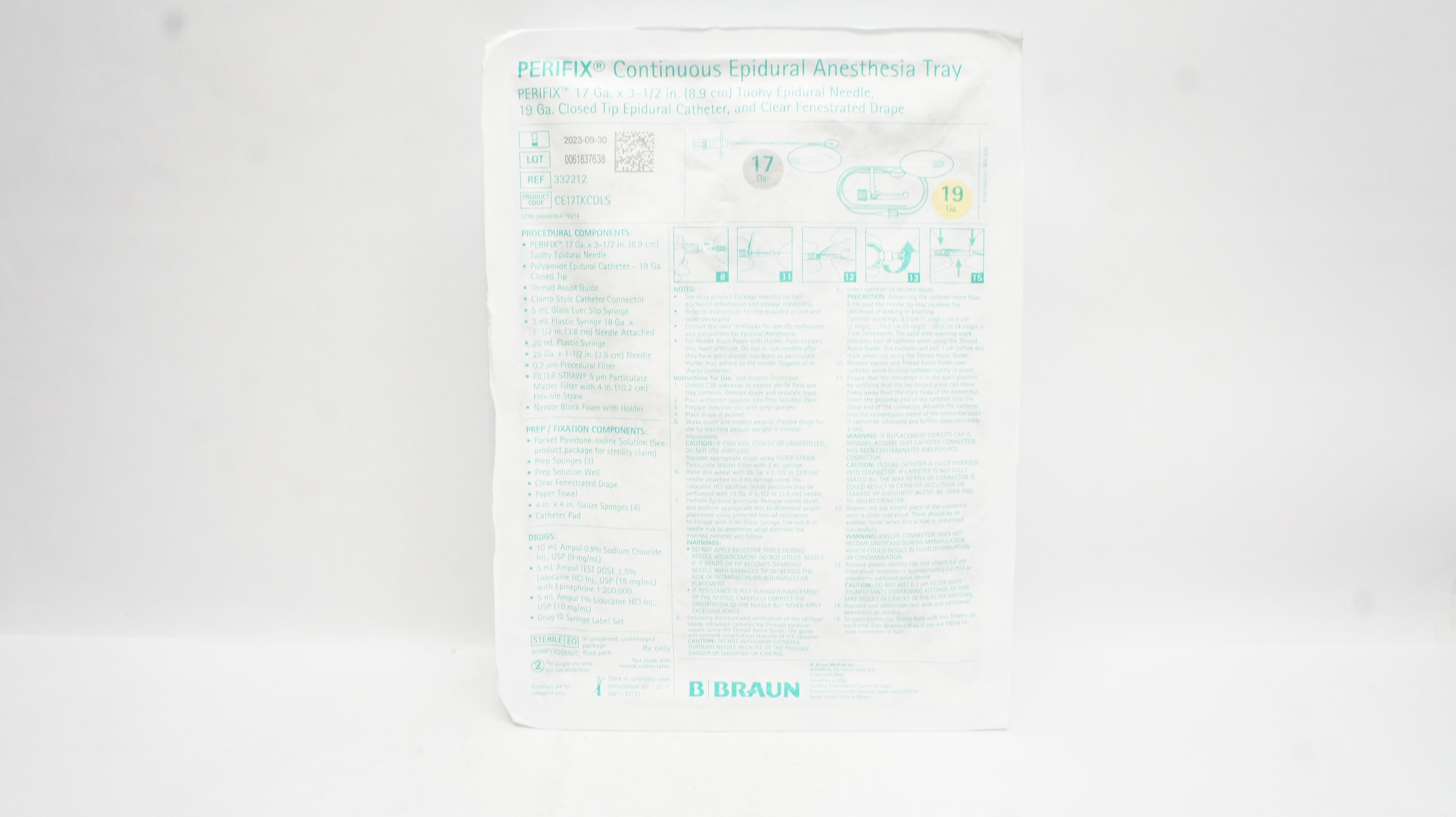 Braun 332212 Perifix Epidural Anesthesia Tray 17Ga x 3-1/2in. Ndle, 19Ga Cath(x)