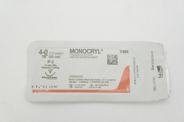 Ethicon Y494 4-0 MONOCRYL Stre P-3 13mm 3/8c Reverse Cutting 18inch (x)