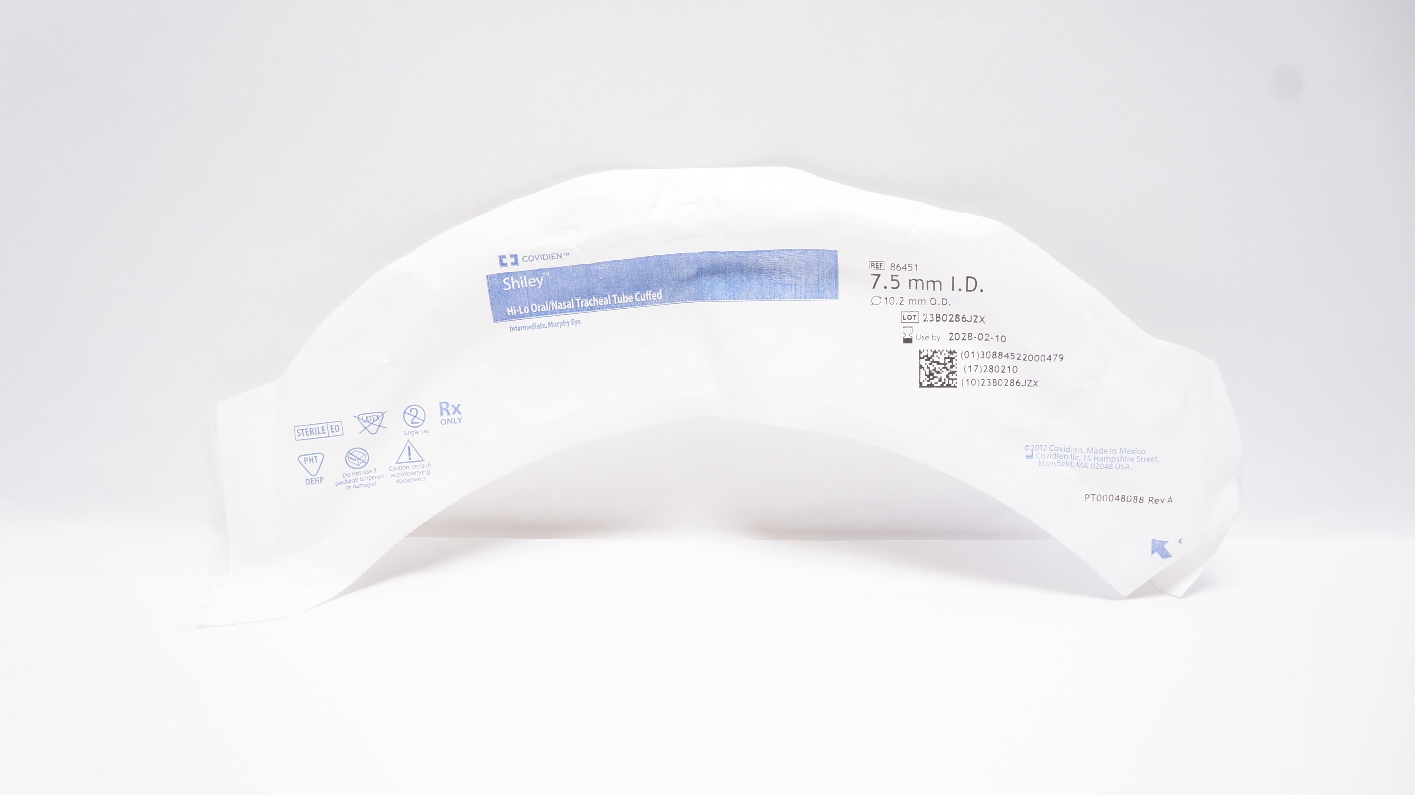 Covidien 86451 Shiley Hi-Lo Oral/Nazal Tracheal Tube Cuffed 7.5mm ID x 10.2mm OD