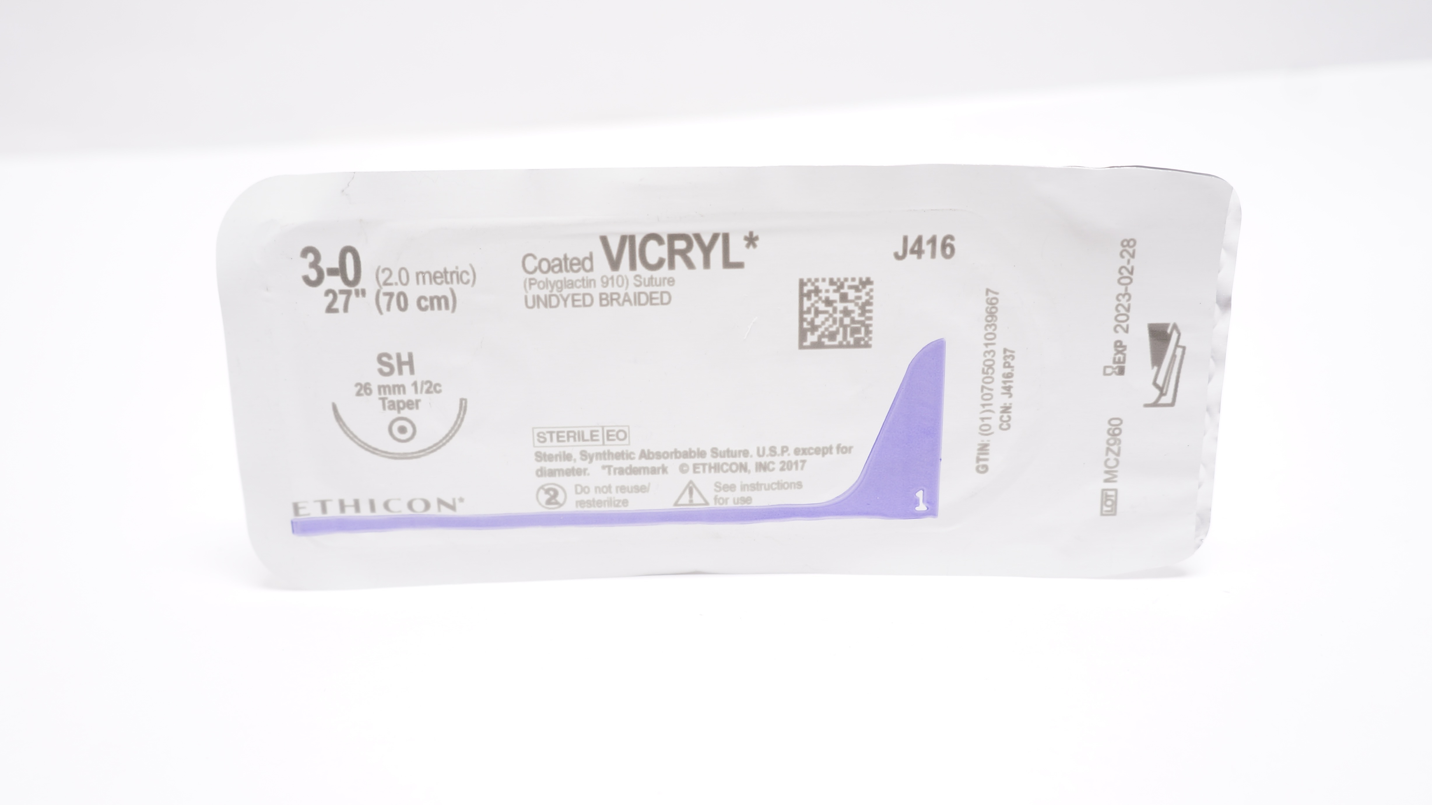 Ethicon J416 3-0 Coated VICRYL Polyglactin Stre, SH 26mm 1/2c Taperpoint, 27inch