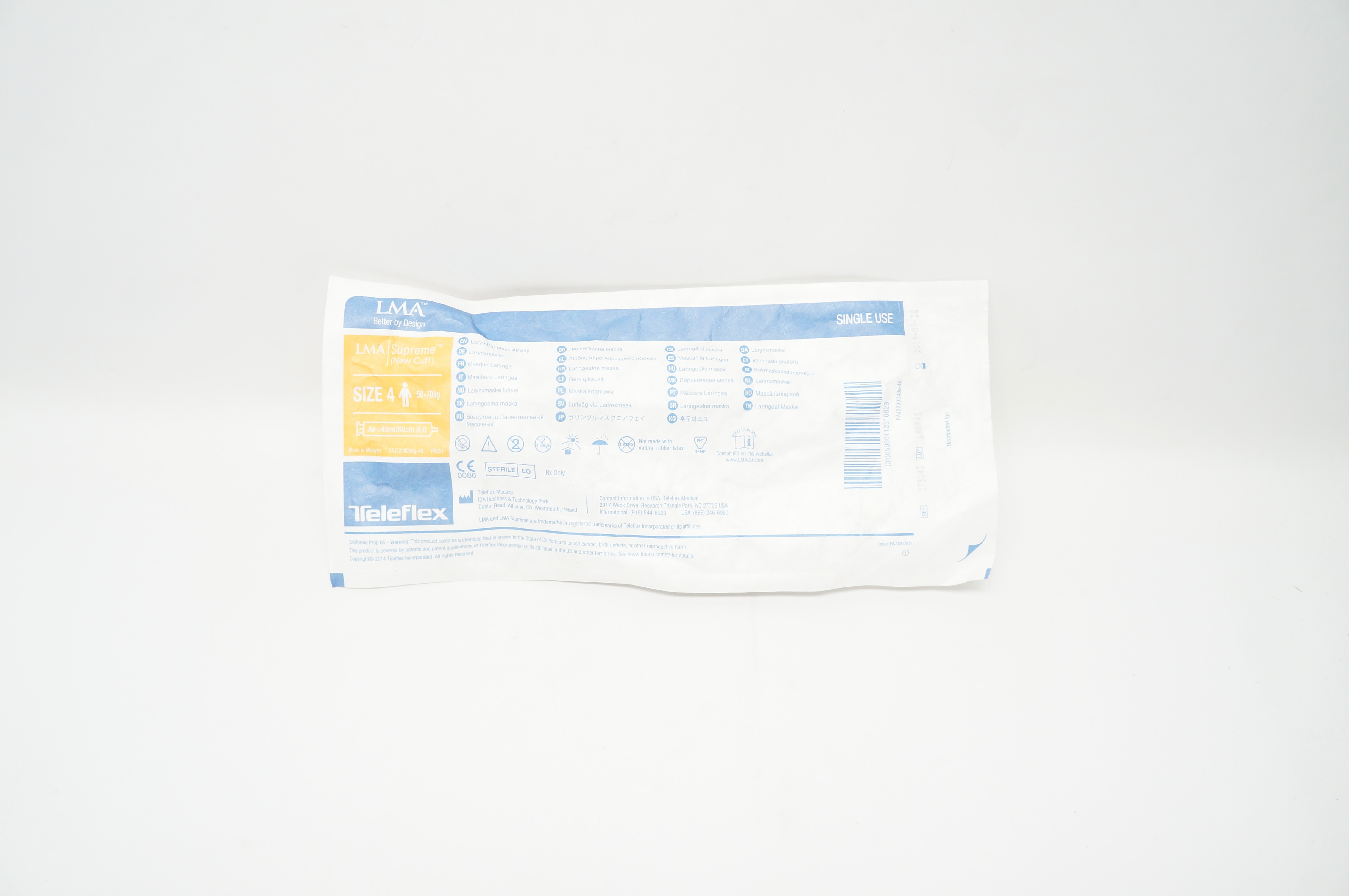 Teleflex 175040 LMA Supreme Laryngeal Mask Airway, Size 4 50-70kg <45ml/60cm (x)