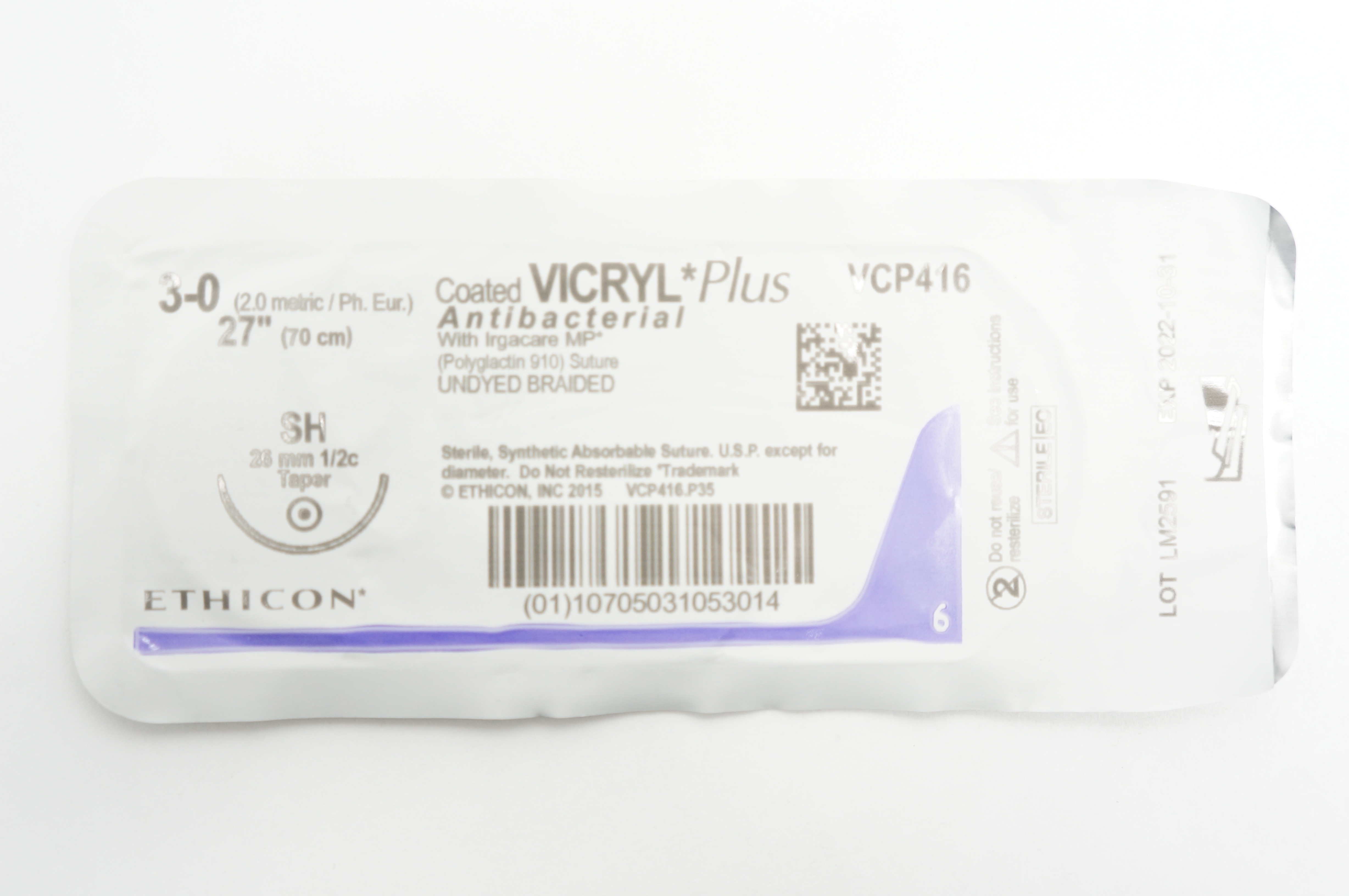 Ethicon VCP416 3-0 Vicryl Plus Antibacterial Stre SH 26mm 1/2c Taper, 27inch (x)