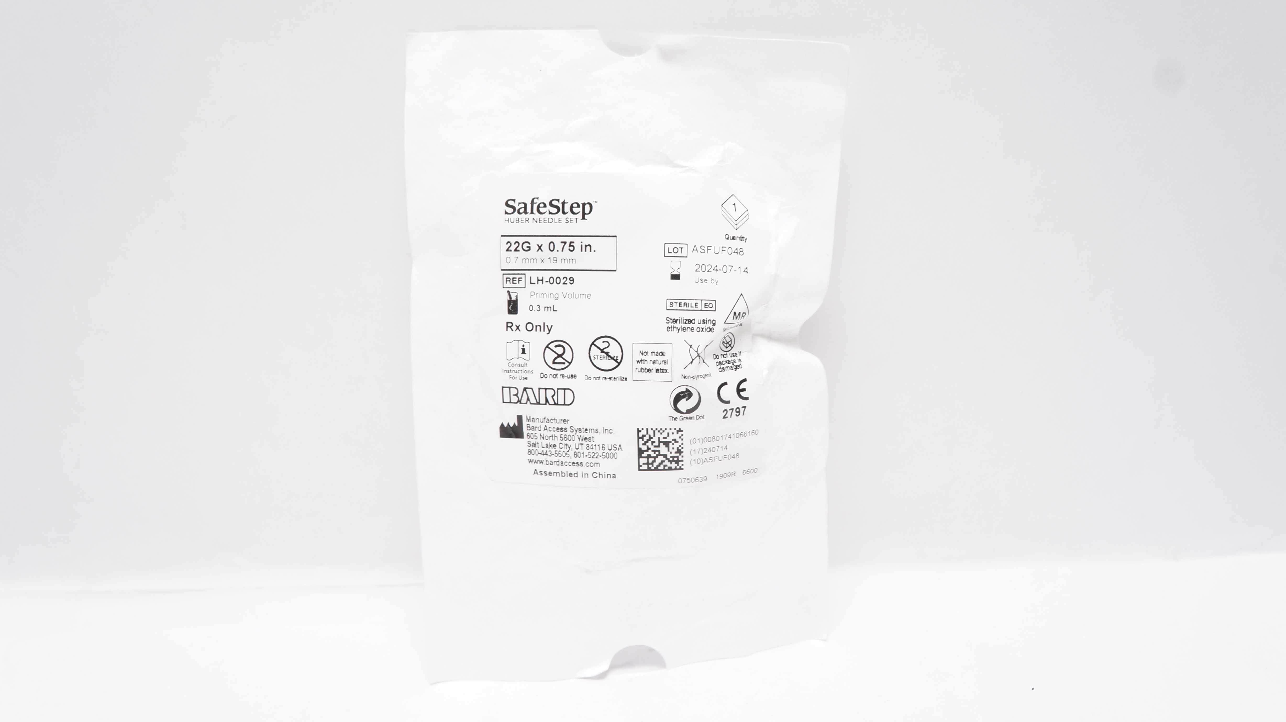 Bard LH0029 SafeStep Huber Ndle Set 22G x 0.75inch, Priming Volume 0.3ml