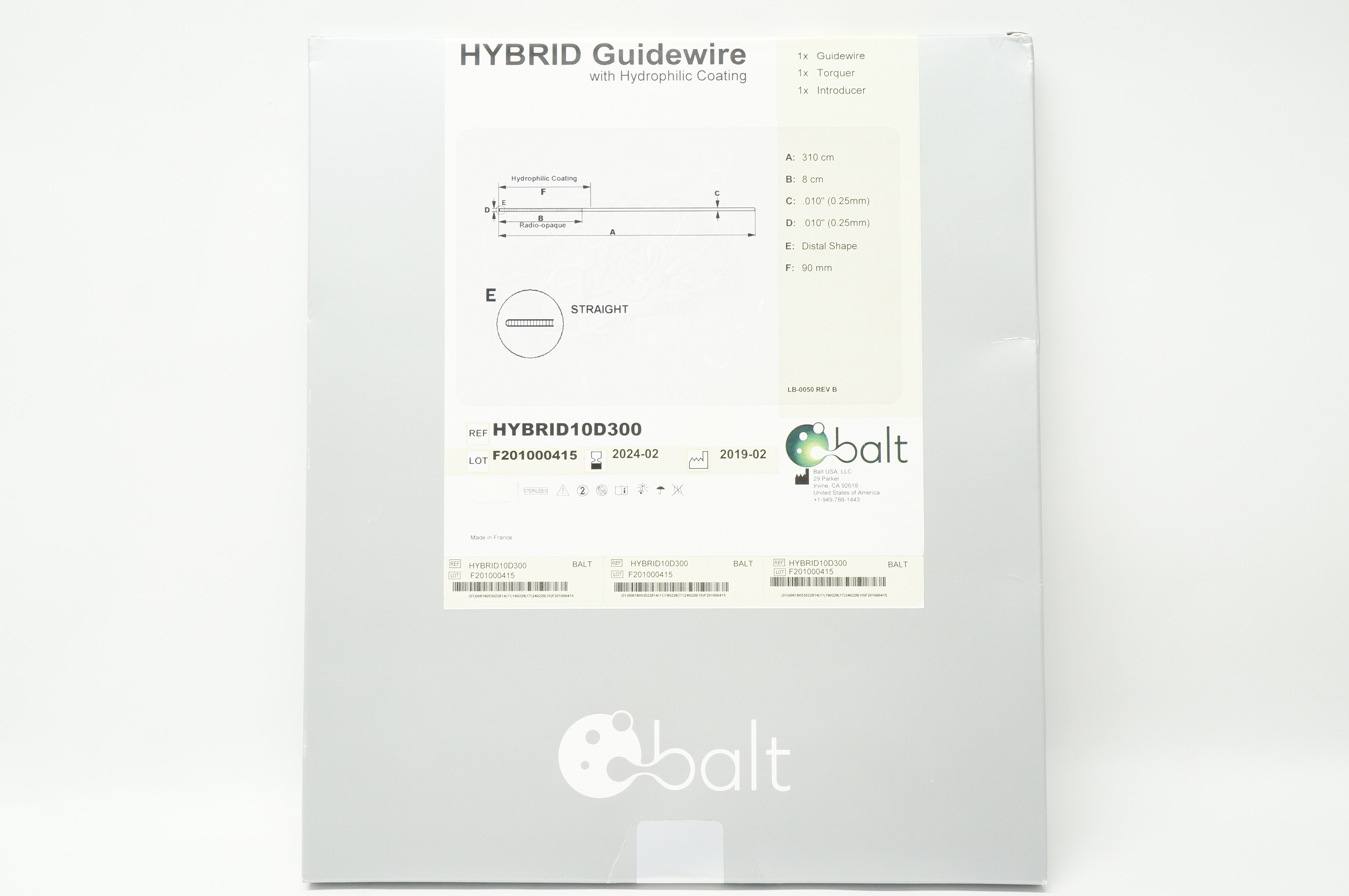 Balt HYBRID10D300 HYBRID Guidewire with Hydrophilic Coating .010inch x ...