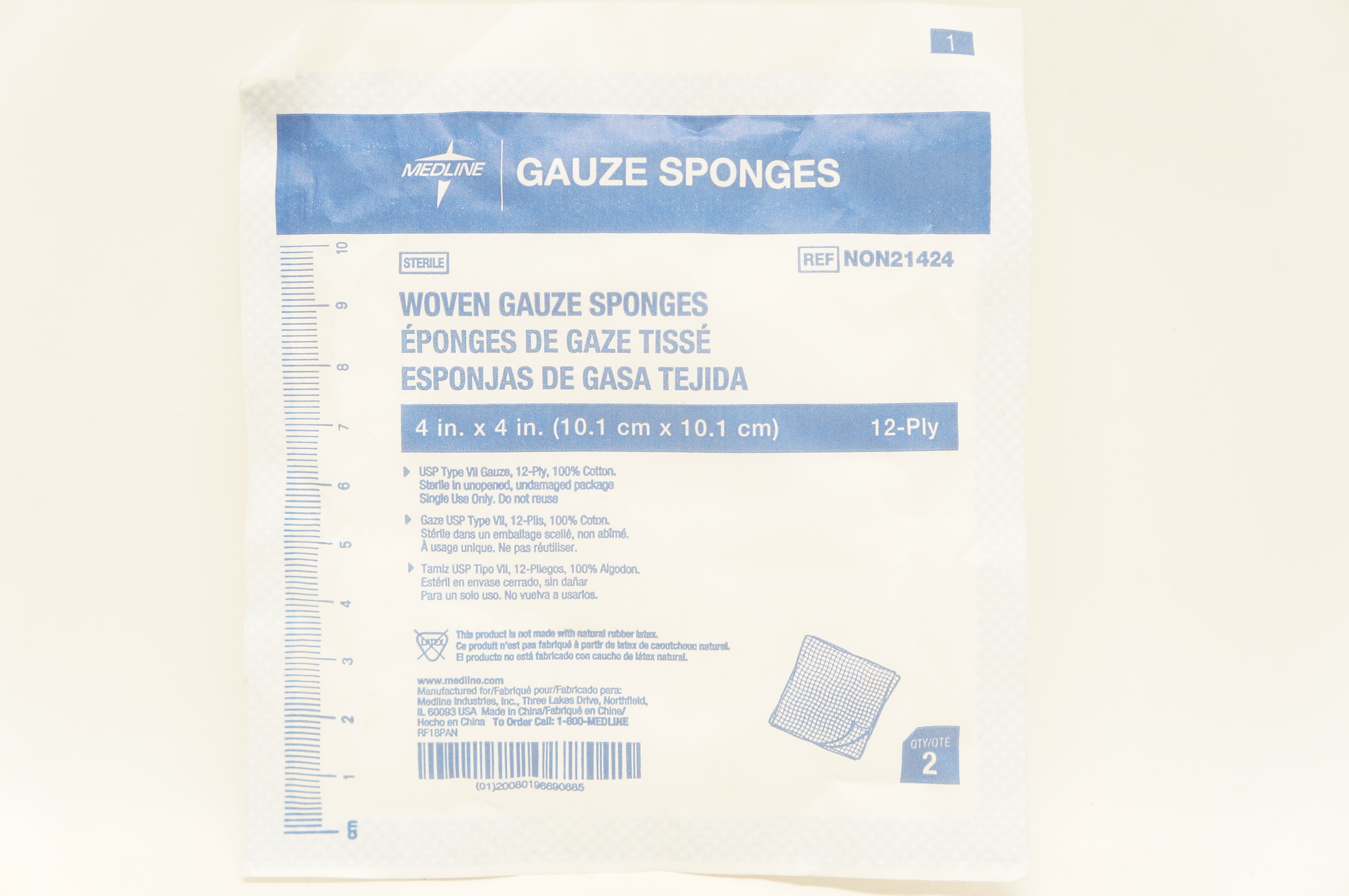 Medline NON21424 Woven Gauze Sponges 12-Ply 4inch x 4inch - Pack of 2