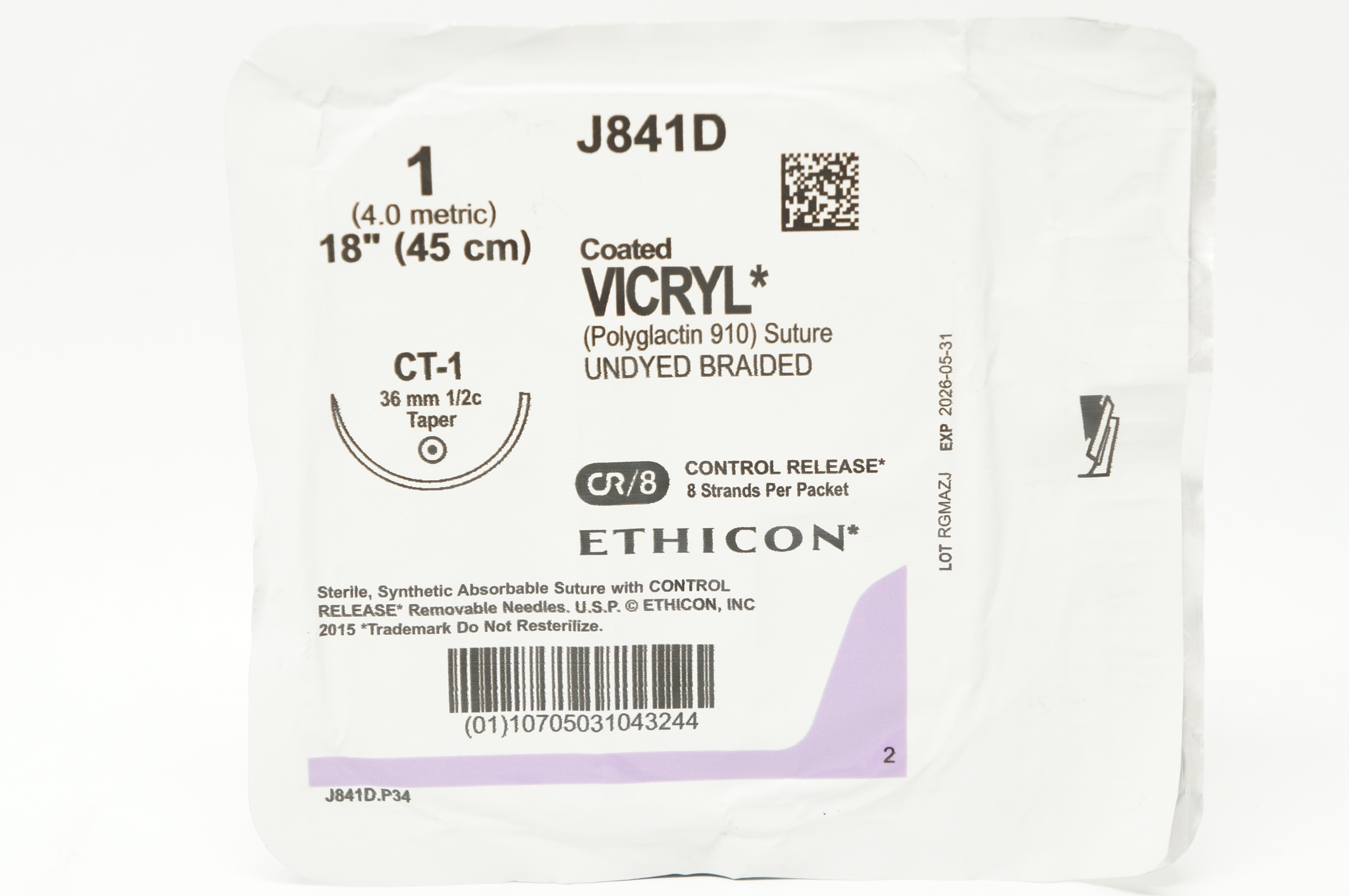 Ethicon J841D 1 Coated VICRYL Polyglactin Stre CT-1 36mm 1/2c Taper, 18inch