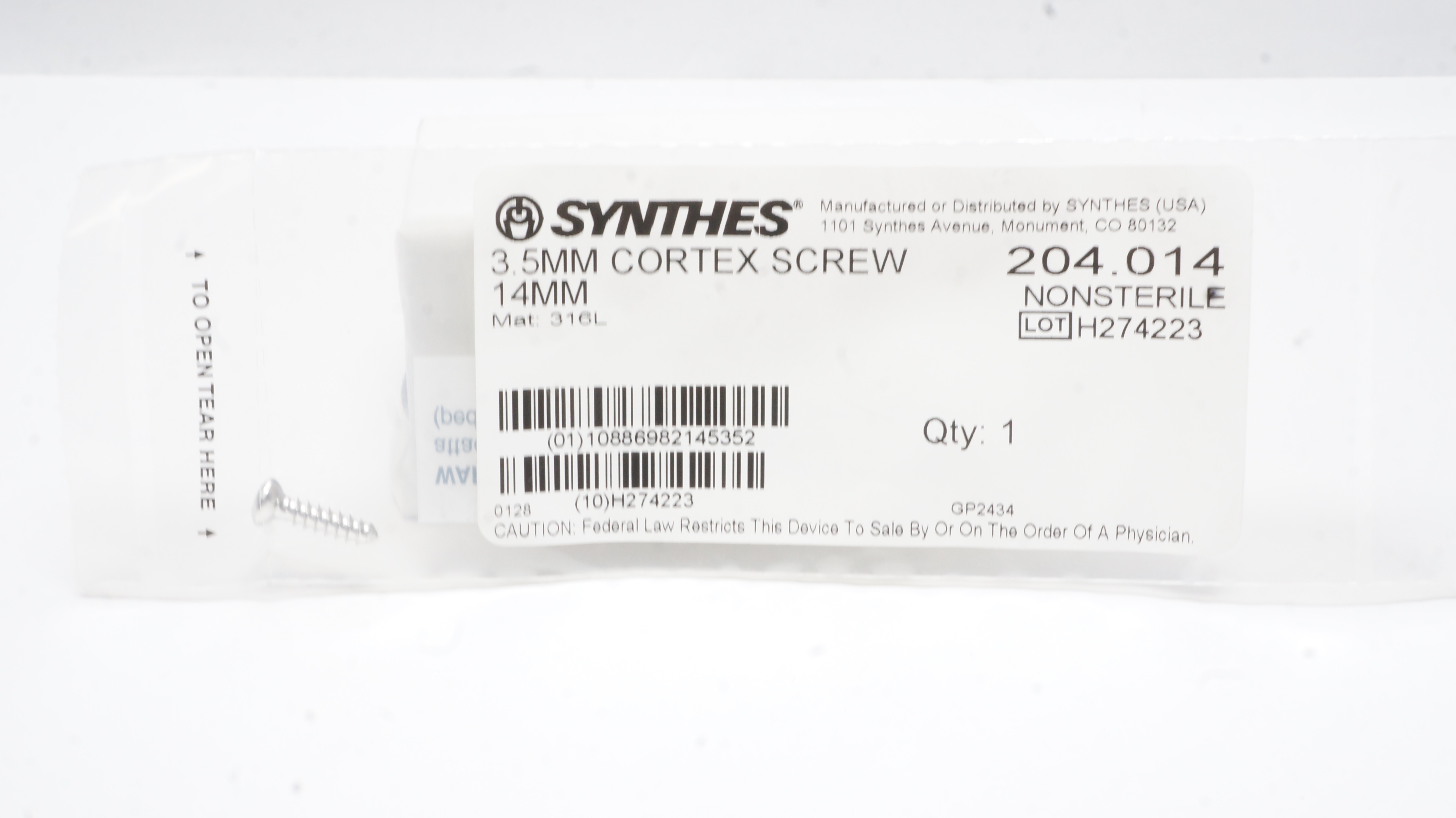 Synthes 204.014 3.5mm Cortex Screw 14mm
