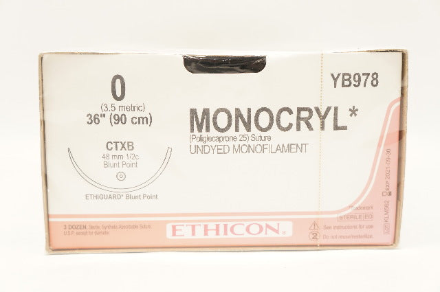 Ethicon YB978 0 Monocryl CTXB 48mm 1/2c Blunt Point, 36inch (x) - Box of 36