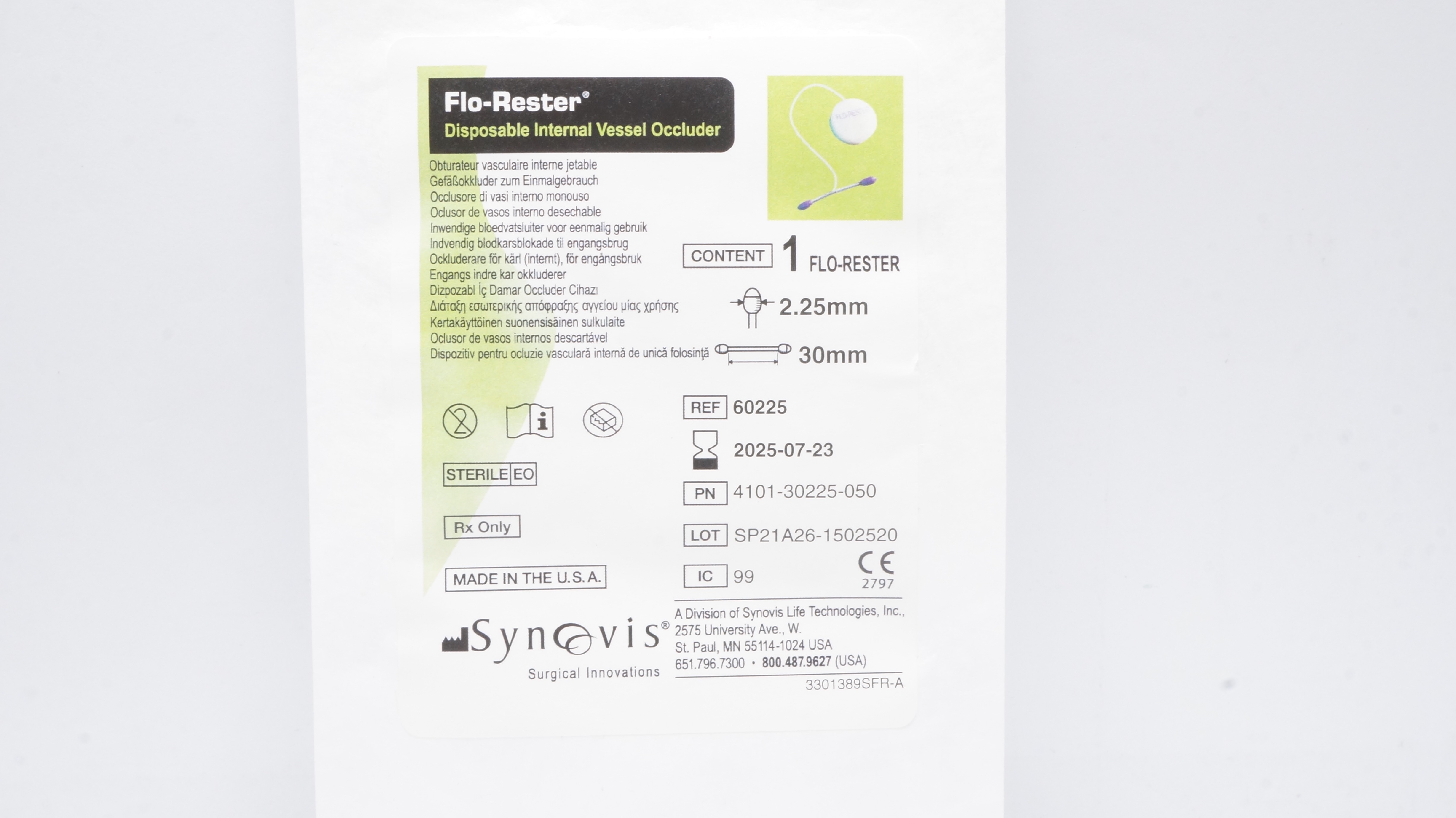 Synovis 60225 Flo-Rester Disposable Internal Vessel Occluder 2.25mm x 30mm