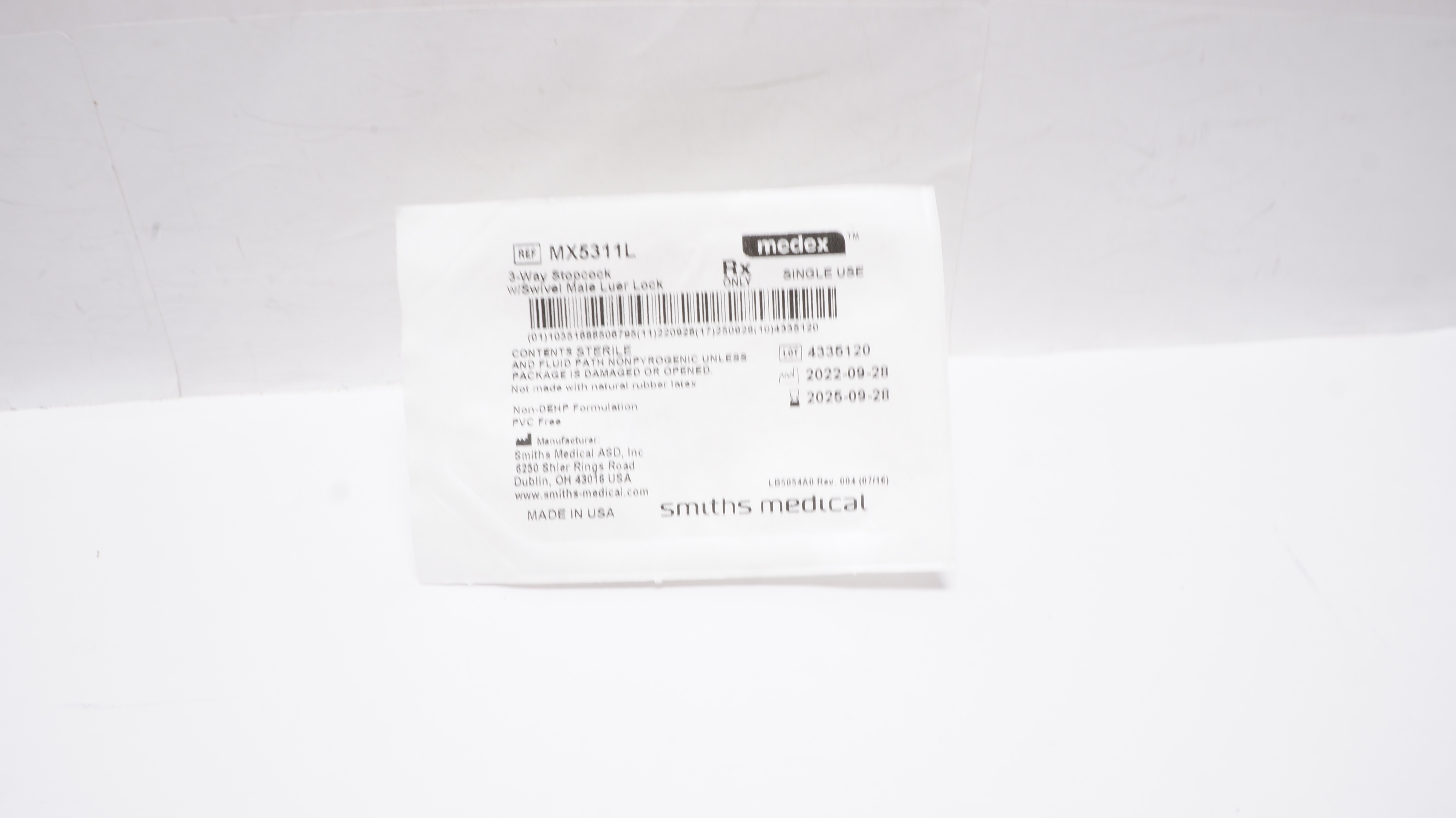 Smiths Medical MX5311L Medex 3-Way Stopcock w/Swivel Male Luer Lock