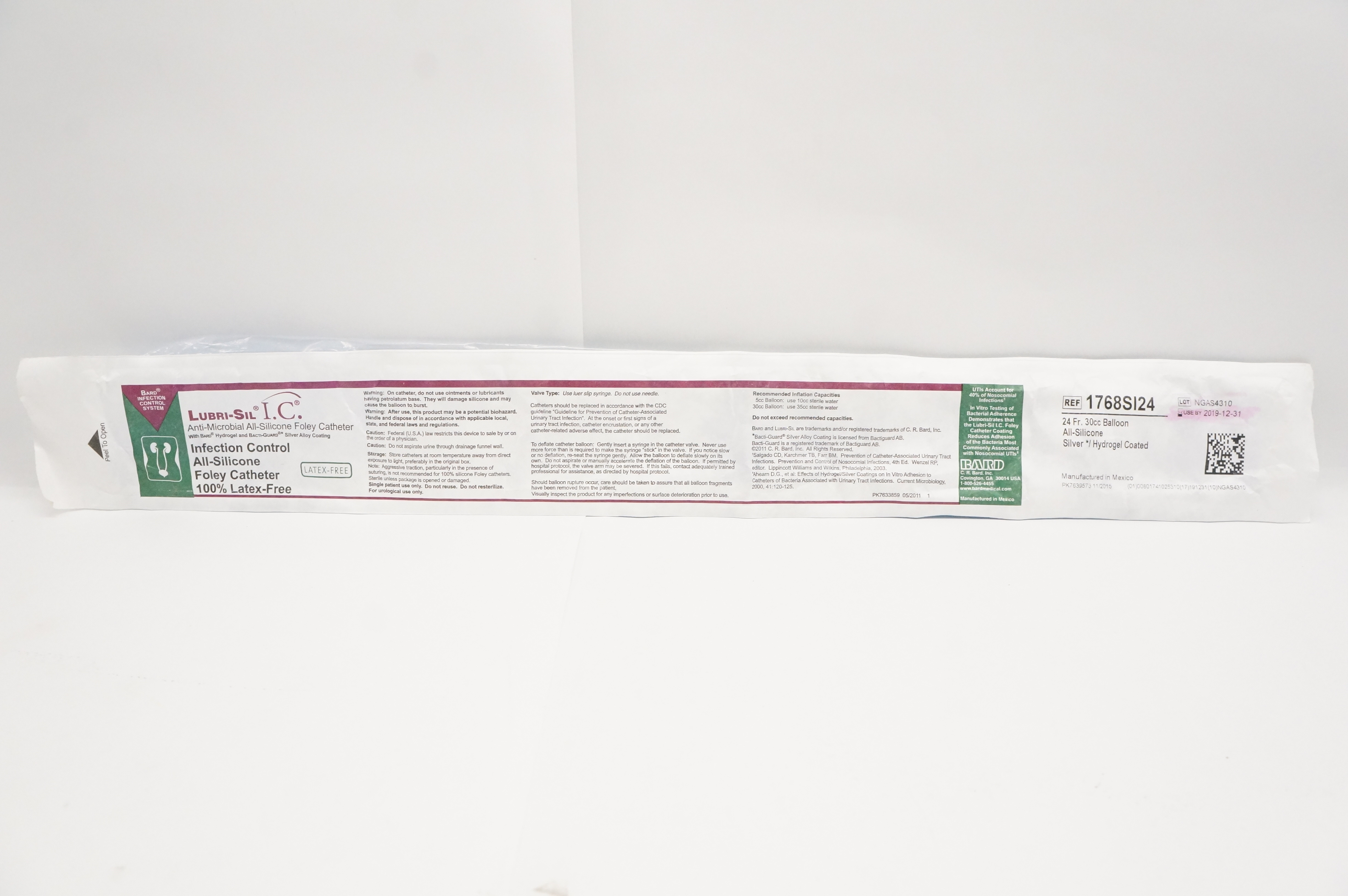 Bard 1768SI24 Lubri-Sil I.C. Anti-Microbial Foley Cath. 24Fr 30cc Balloon (x)
