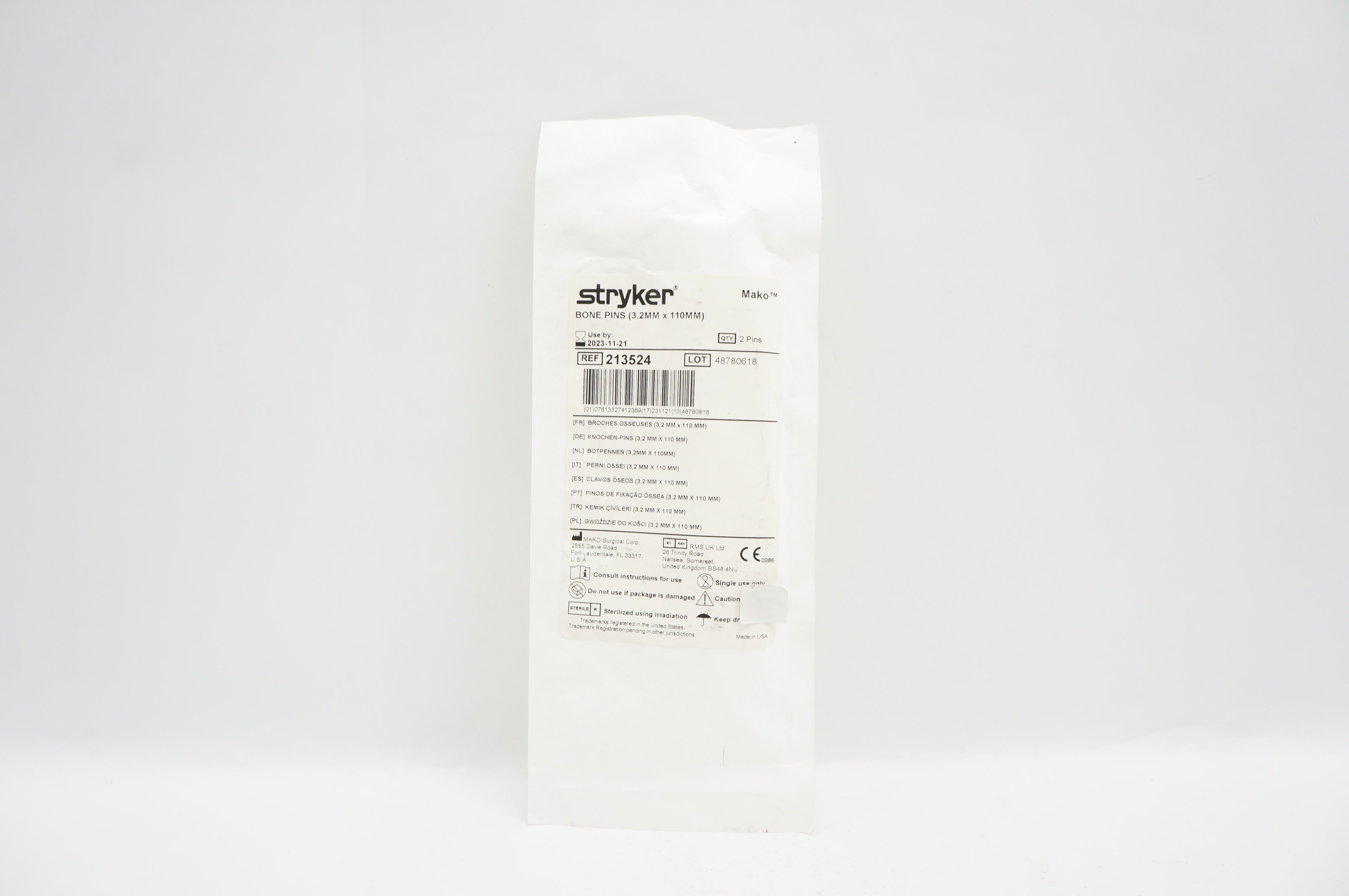 Stryker 213524 Mako Bone Pins 3.2mm x 110mm - Pack of 2 Pins