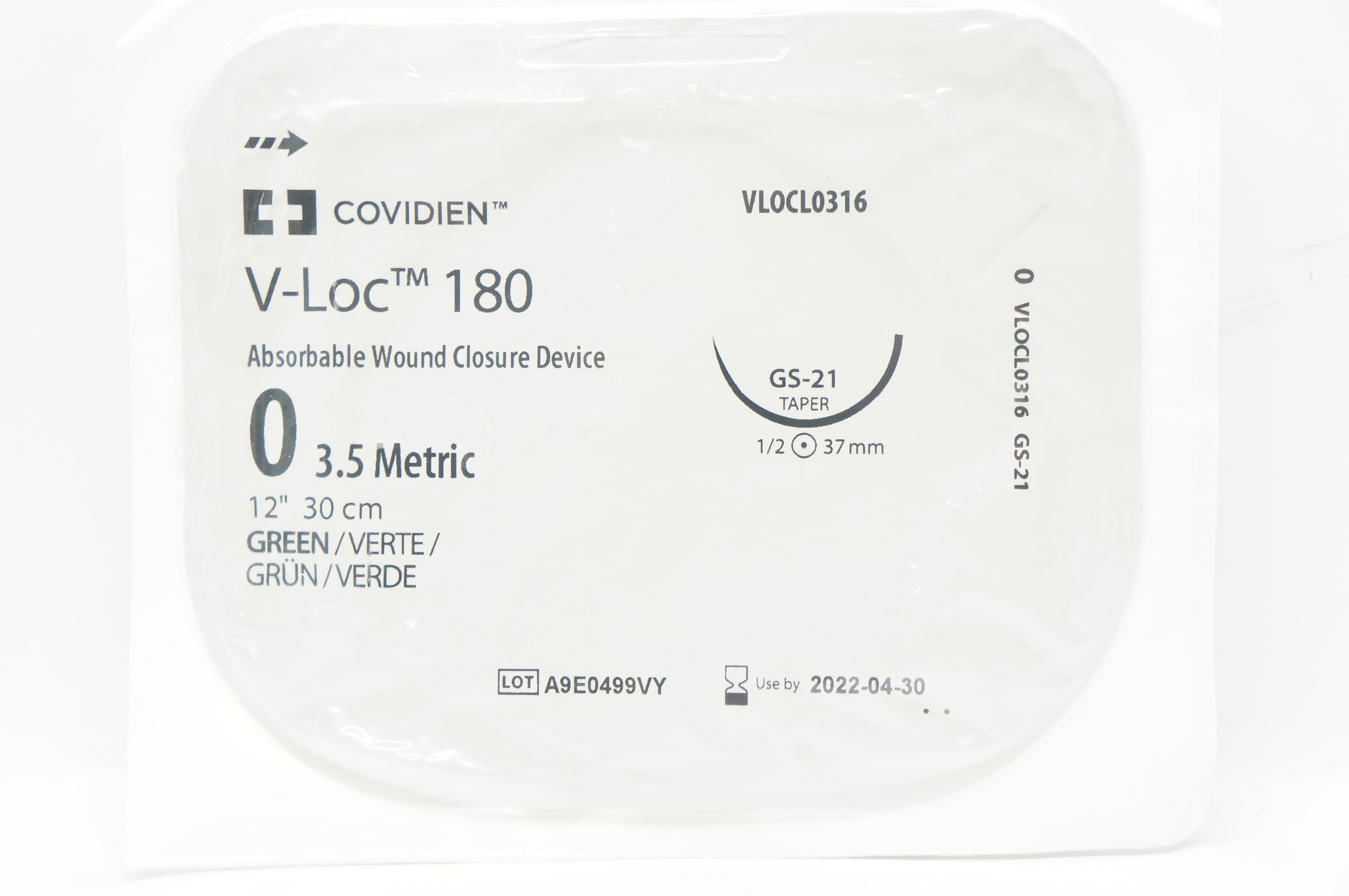 Covidien VLOCL0316 0 V-Loc, GS-21 Taper 1/2c 37mm, 12inch