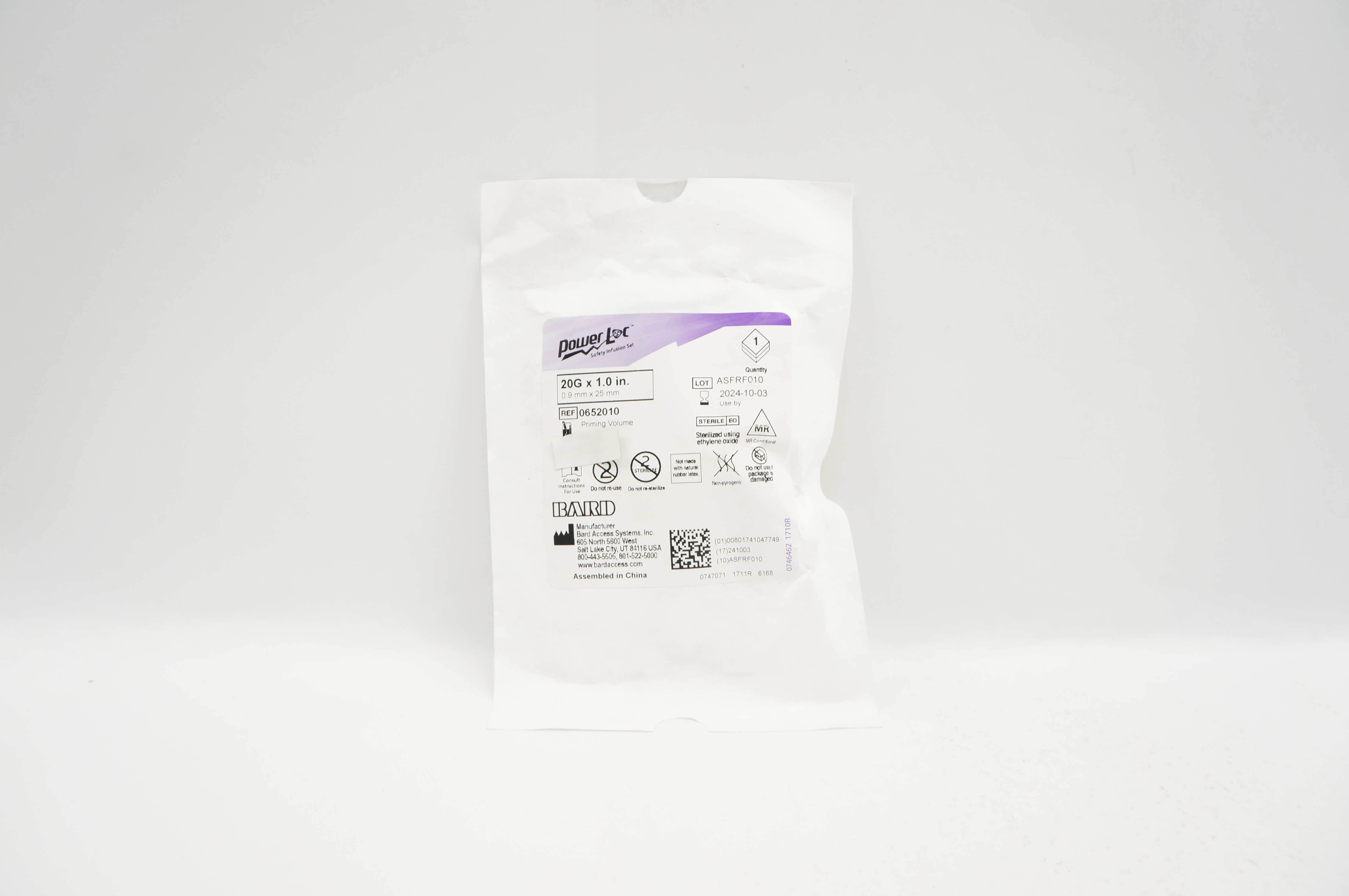 Bard 0652010 Power Loc Safety Infusion Set 20G x 1.0 inch Priming Volume 0.3mL