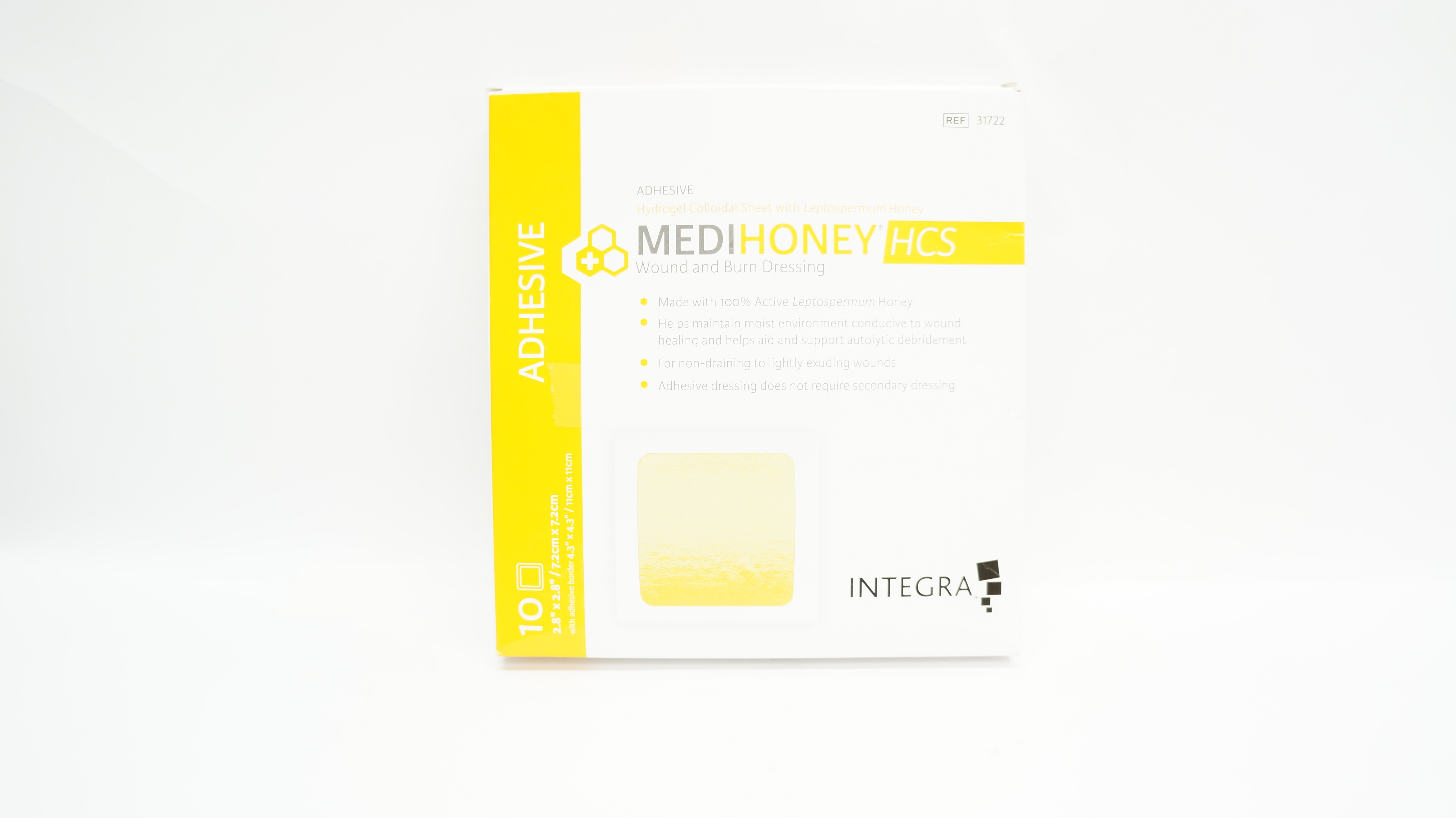 Integra 31722 MEDIHONEY Adhesive WITH HCS Sheet 2.8inch x 2.8inch - Box of 10